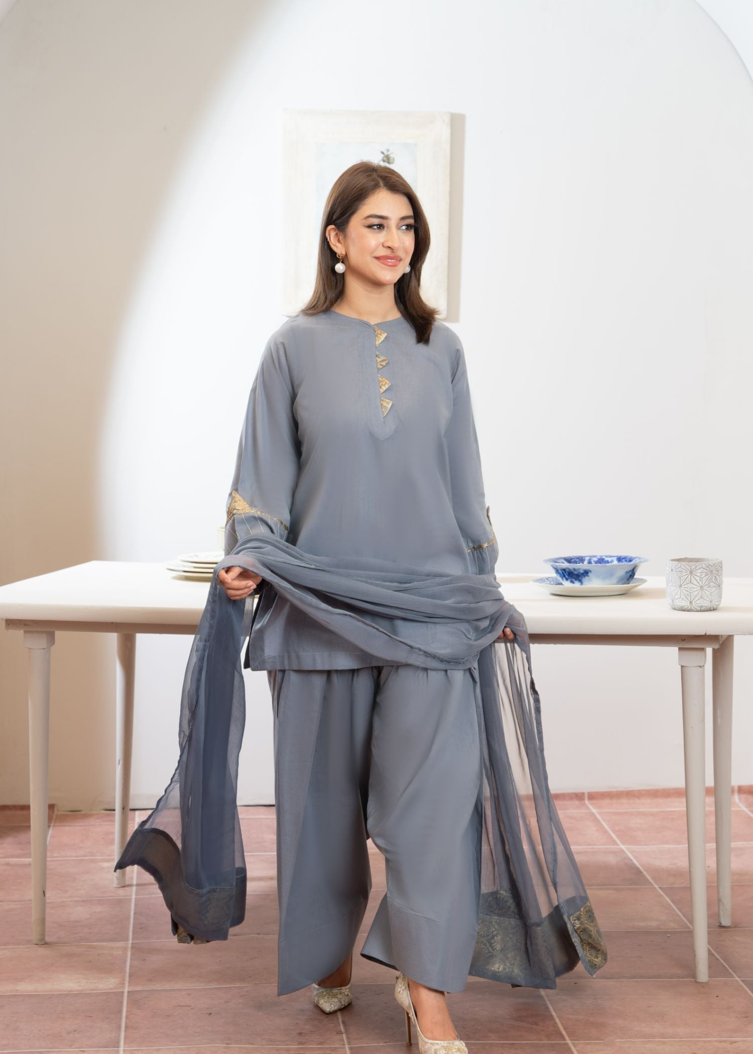 cotton Kurta Set in Slate grey