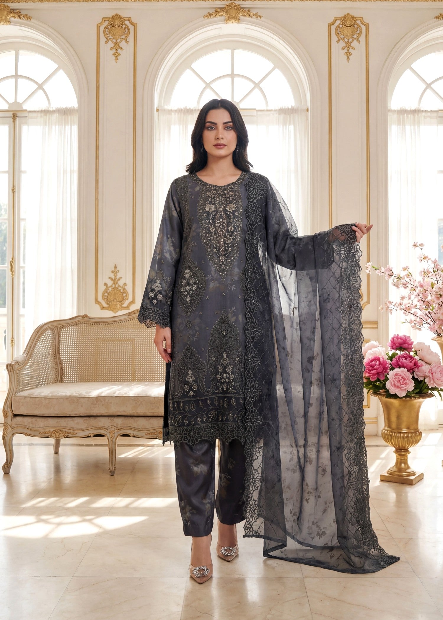 organza Kurta Set in Charcoal black