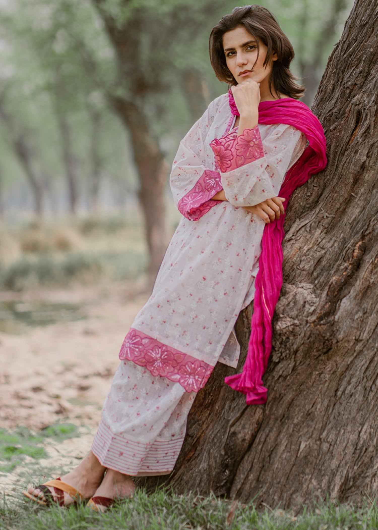 swiss lawn Co Ord Sets in White, tea rose pink