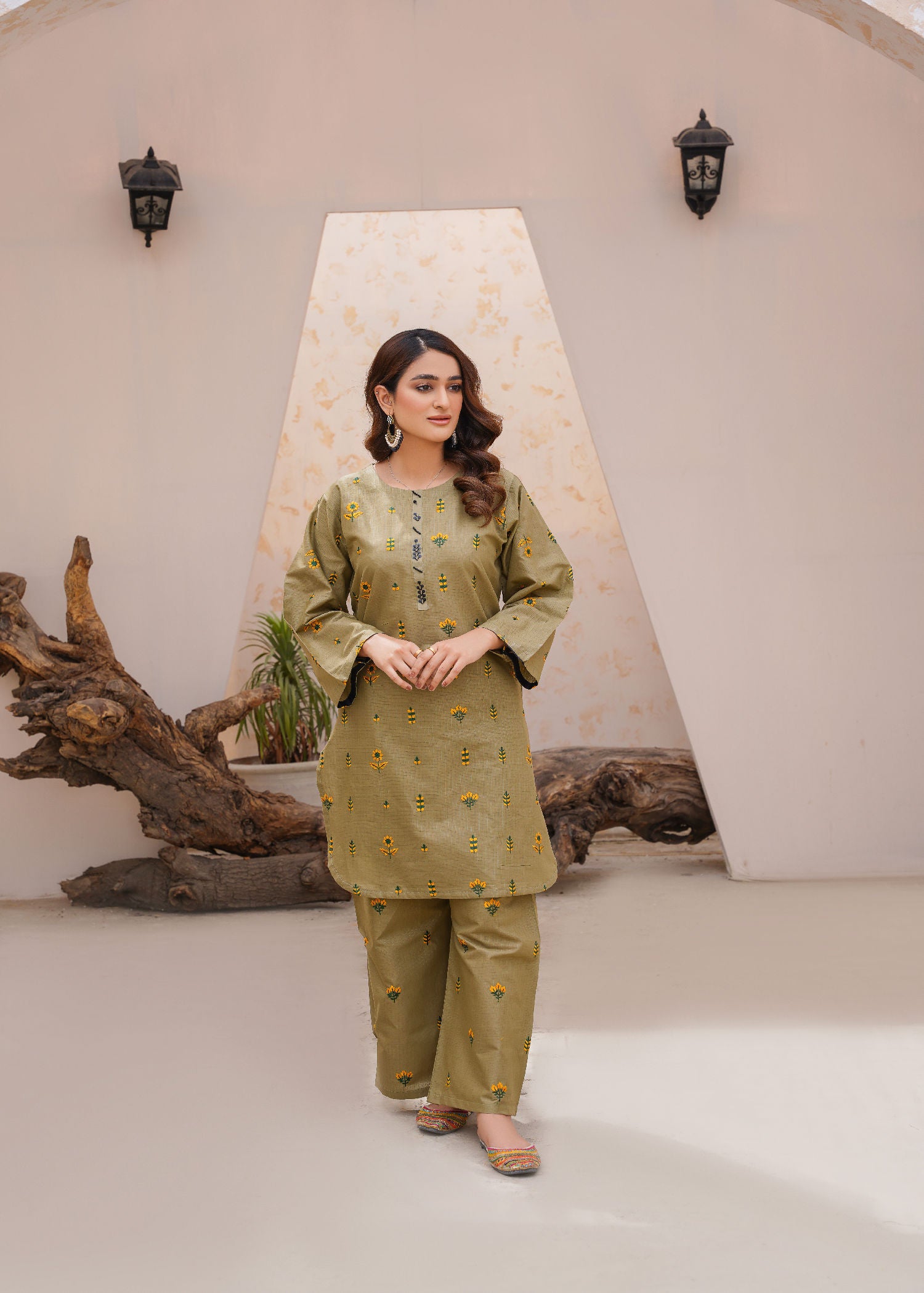 cotton dobby Kurta Set in Olive green