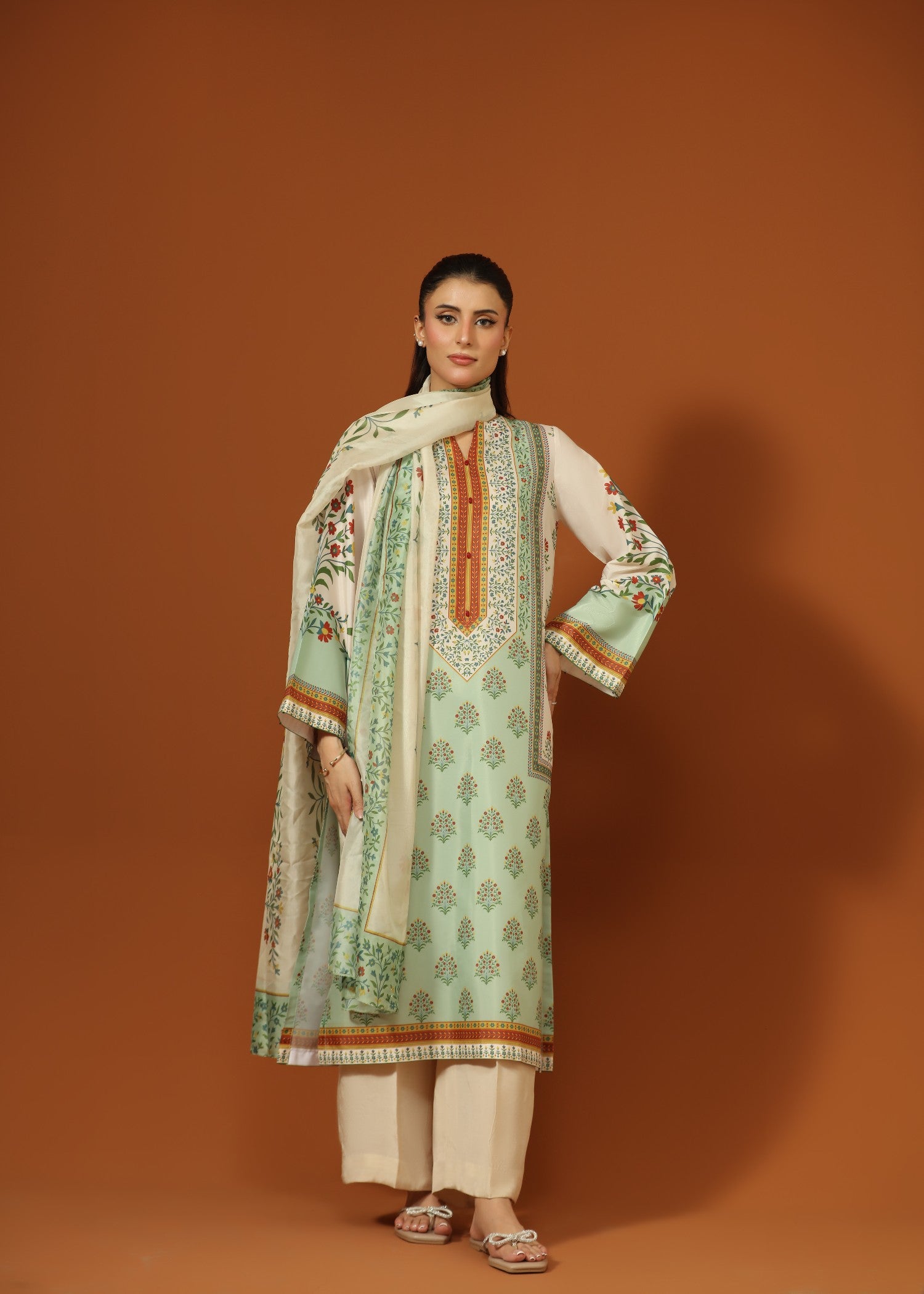 crepe silk Kurta Set in Olive green, mint green