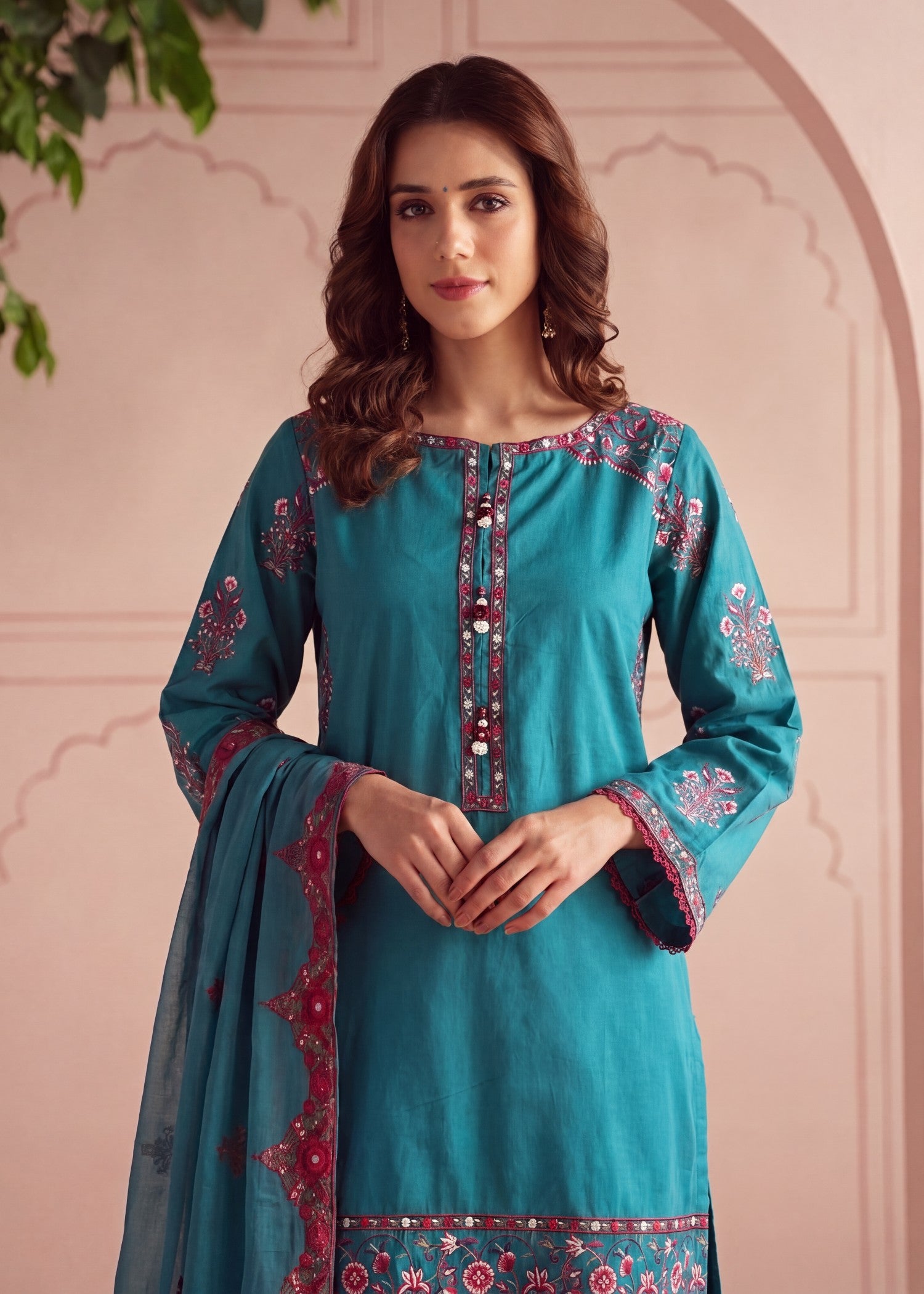 lawn Kurta Set in Teal, dark cyan