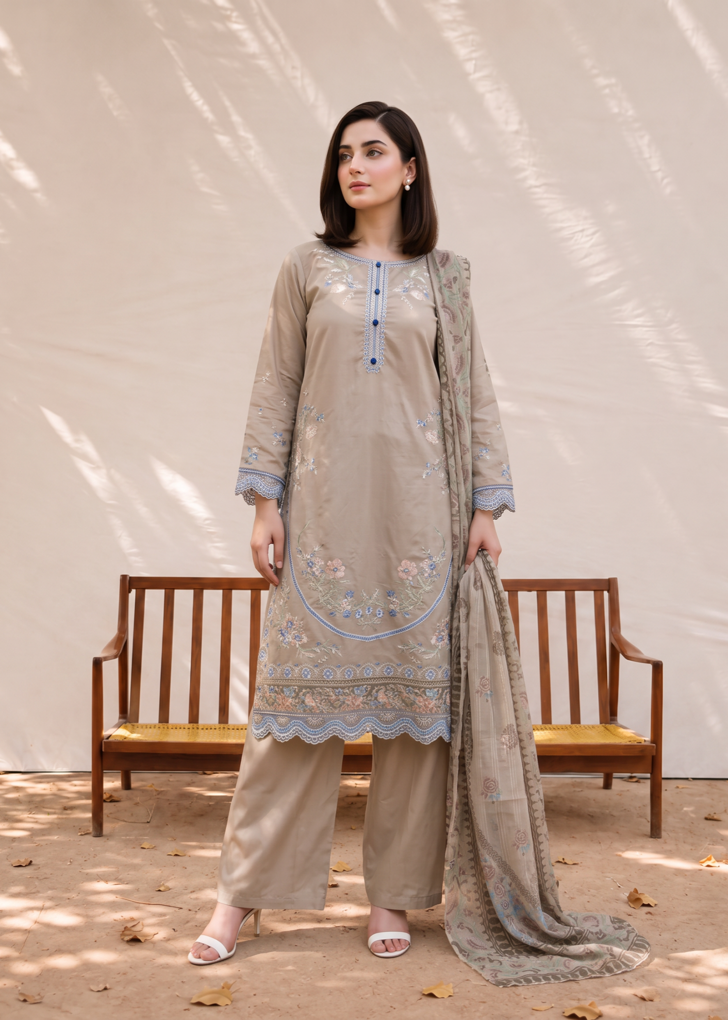 khaddi net Kurta Set in Beige