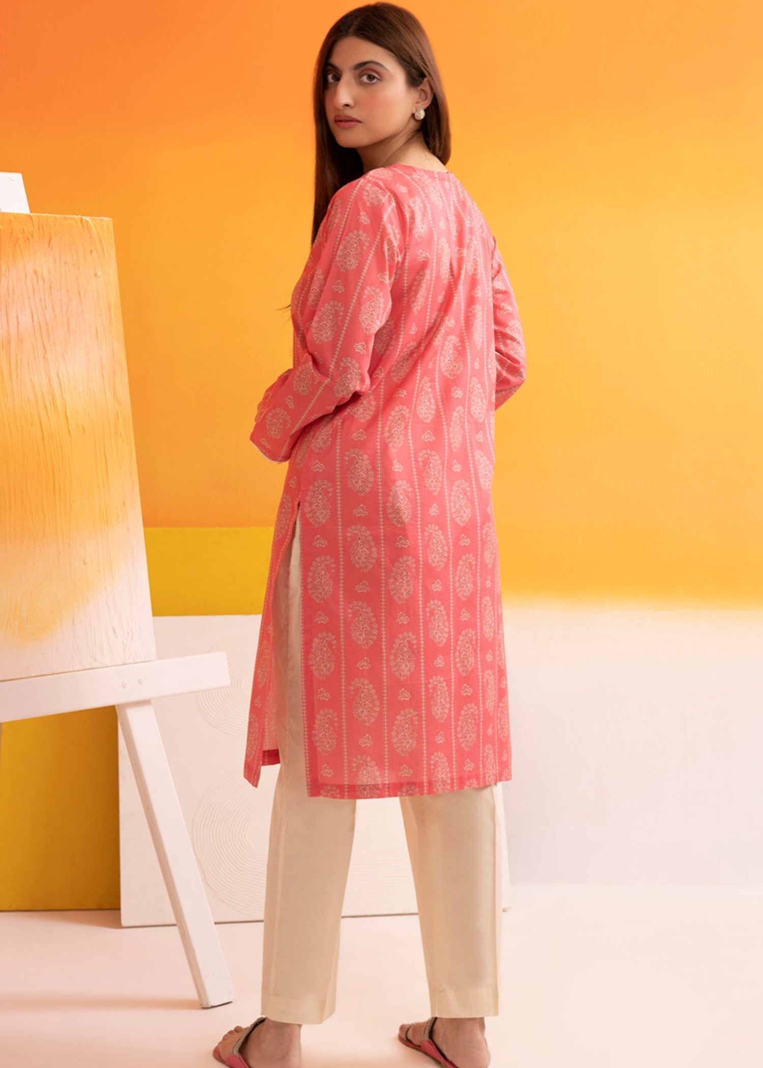 lawn Kurti in Salmon