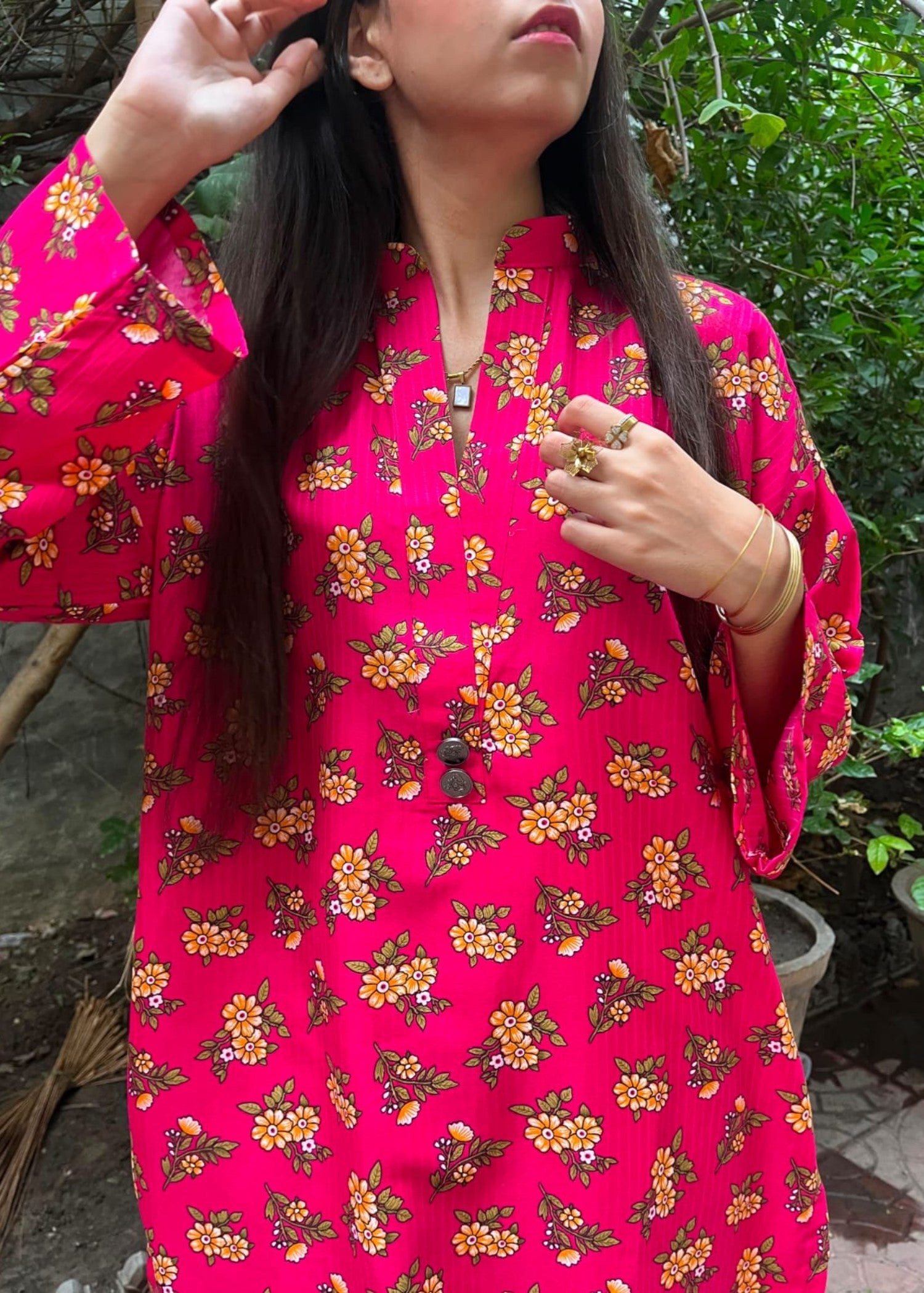 leno kara cotton Kurta Set in Deep pink