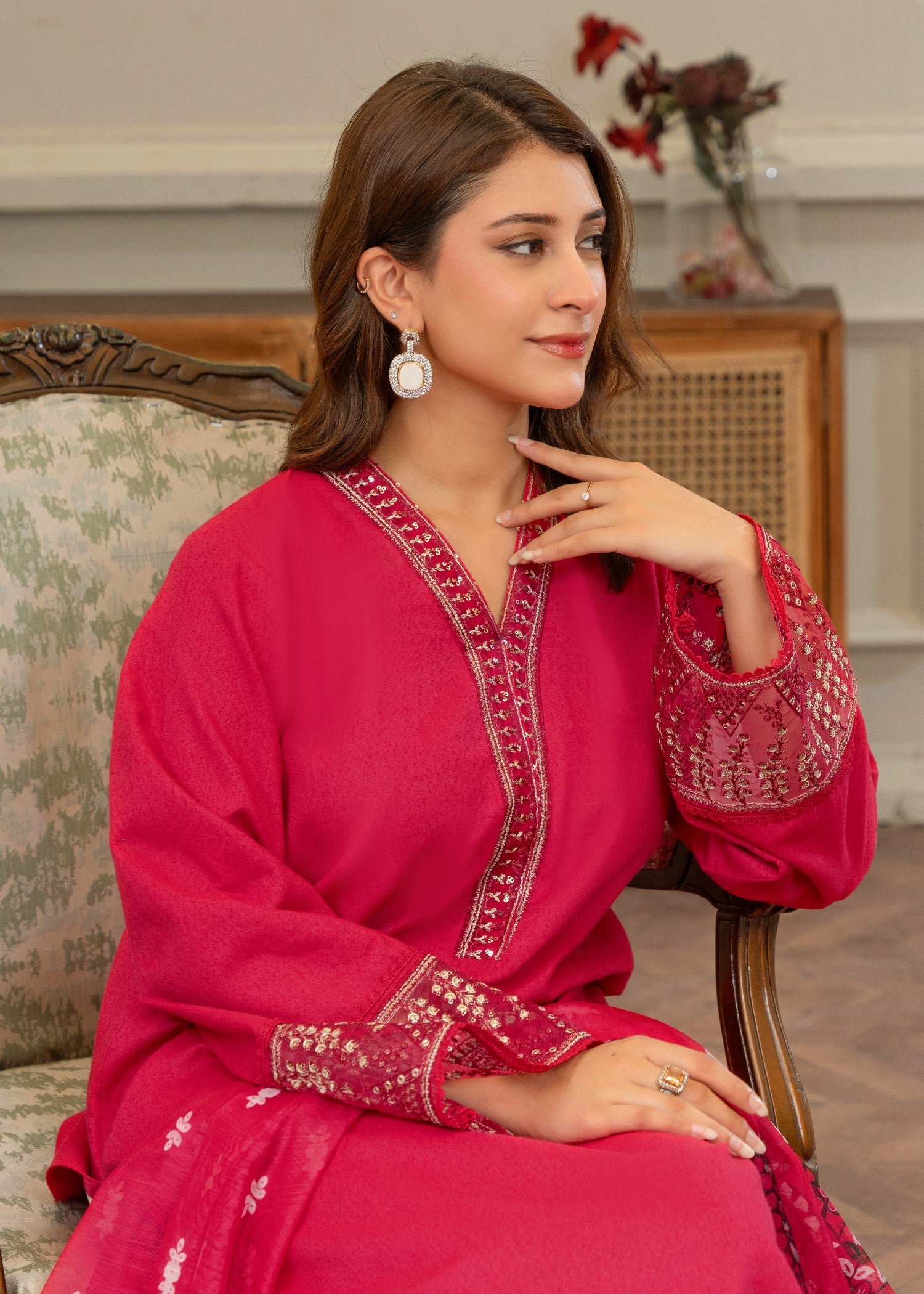 lawn karandi Kurta Set in Hot pink