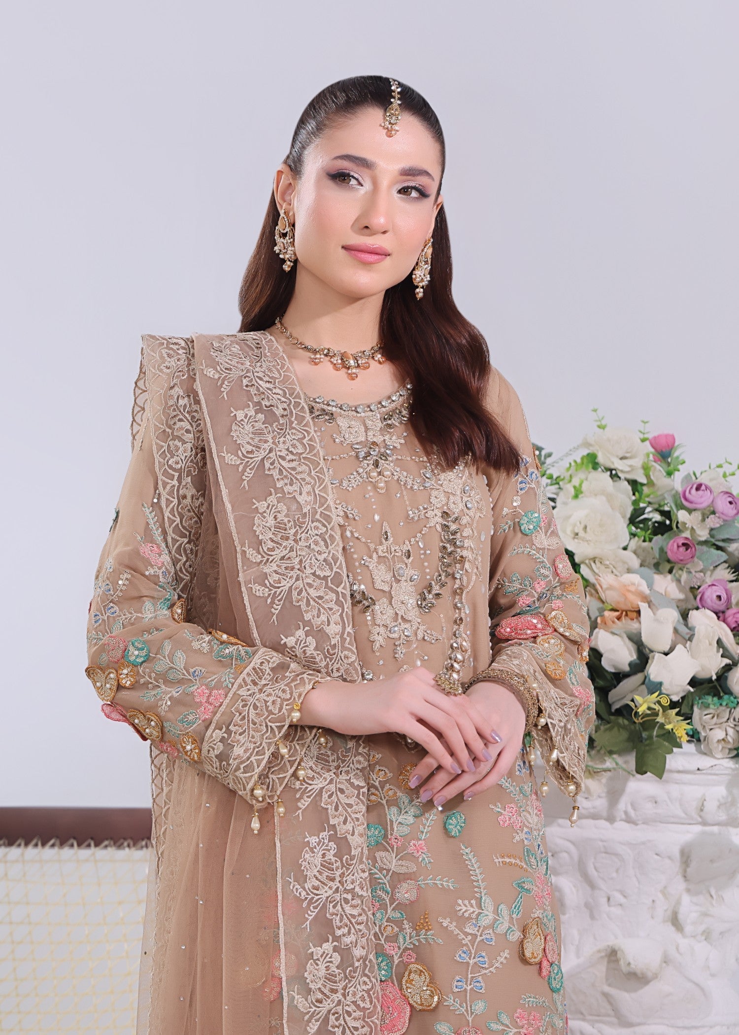 chiffon Kurta Set in Camel brown