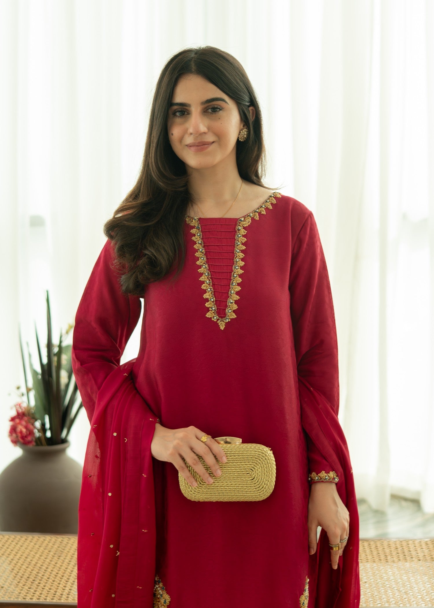 silk Kurta Set in Raspberry pink