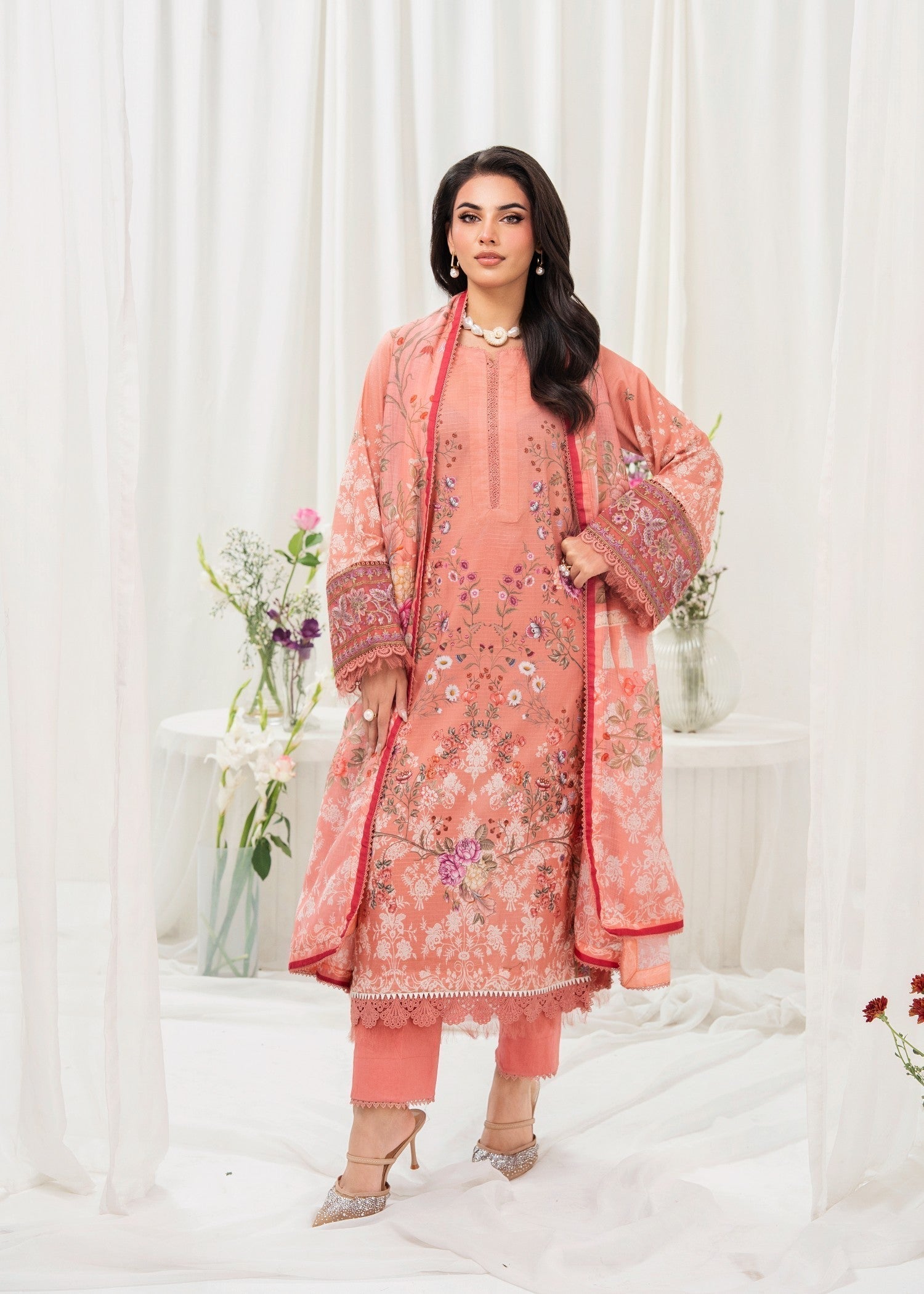lawn Kurta Set in Apricot orange