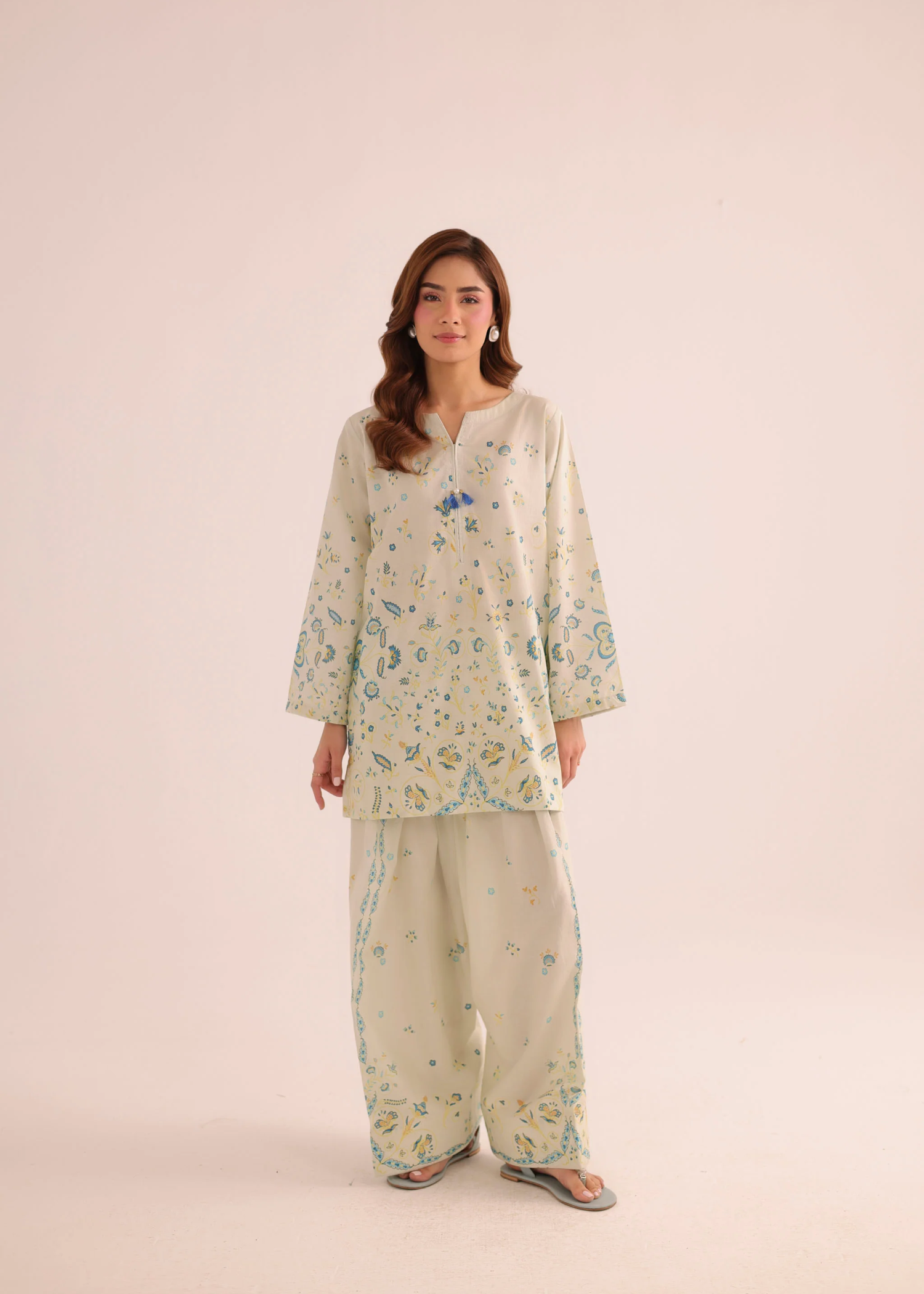 poly lawn Kurta Set in Sage green
