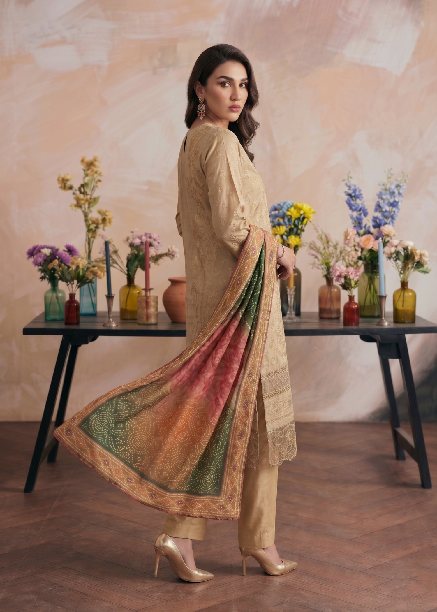 jacquard Kurta Set in Beige