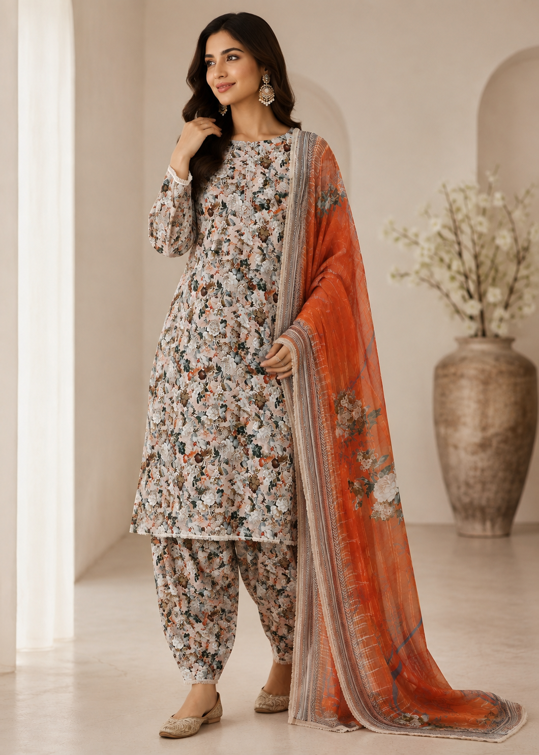 swiss lawn Unstitched in Beige, orange
