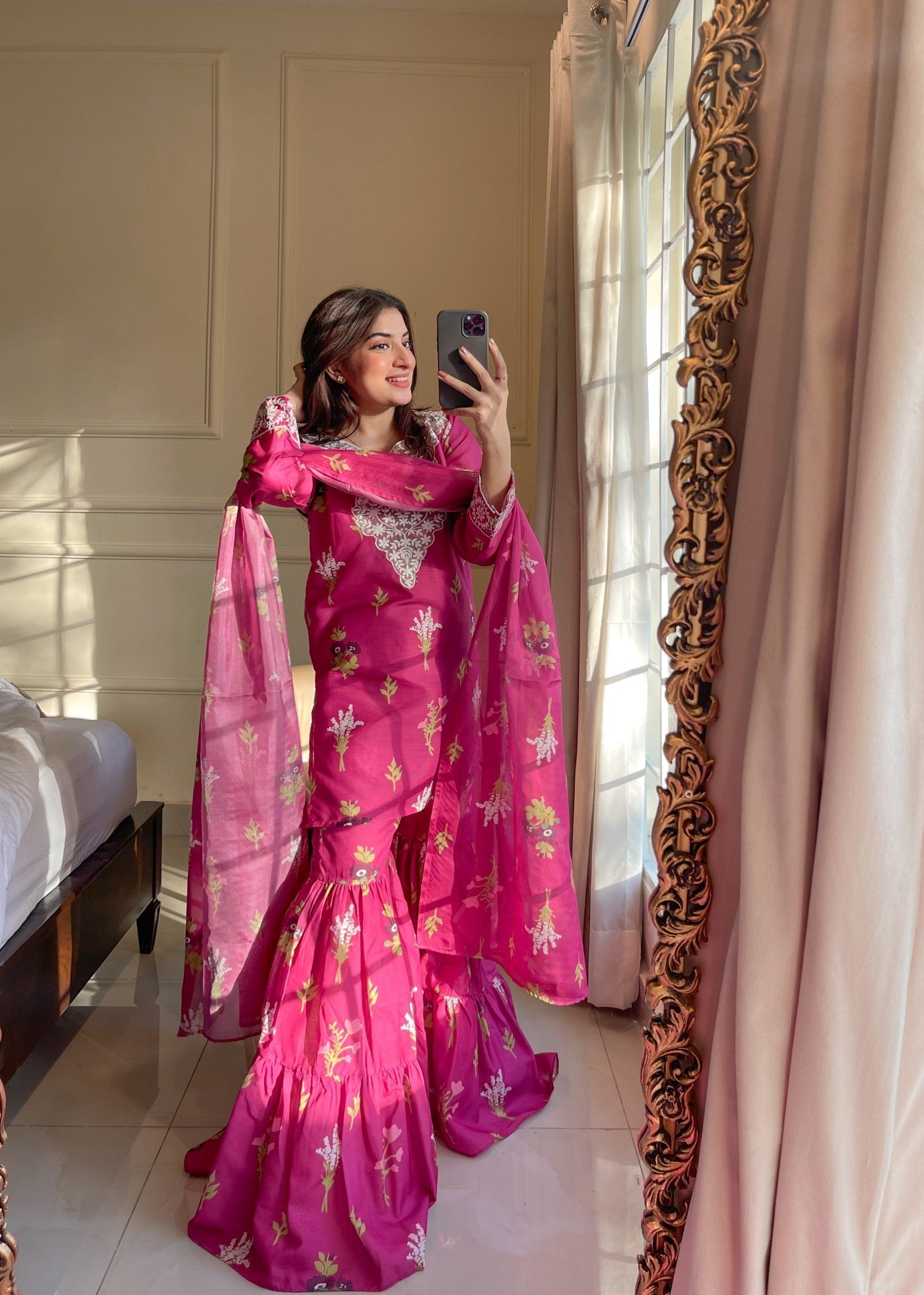 poly lawn Gharara in Fuchsia pink