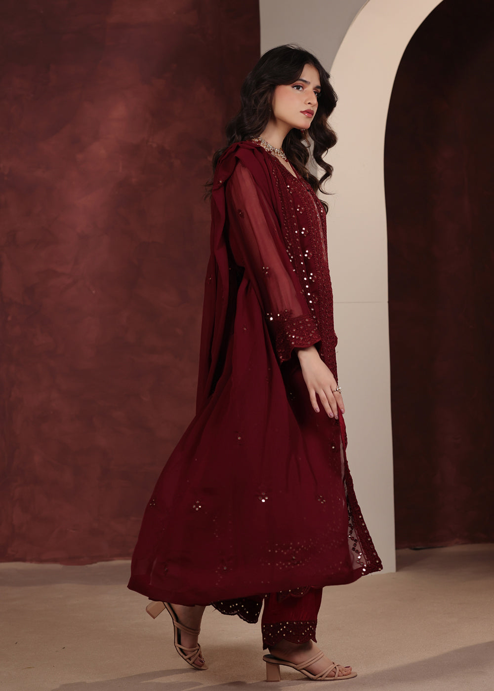 chiffon Kurta Set in Fire red
