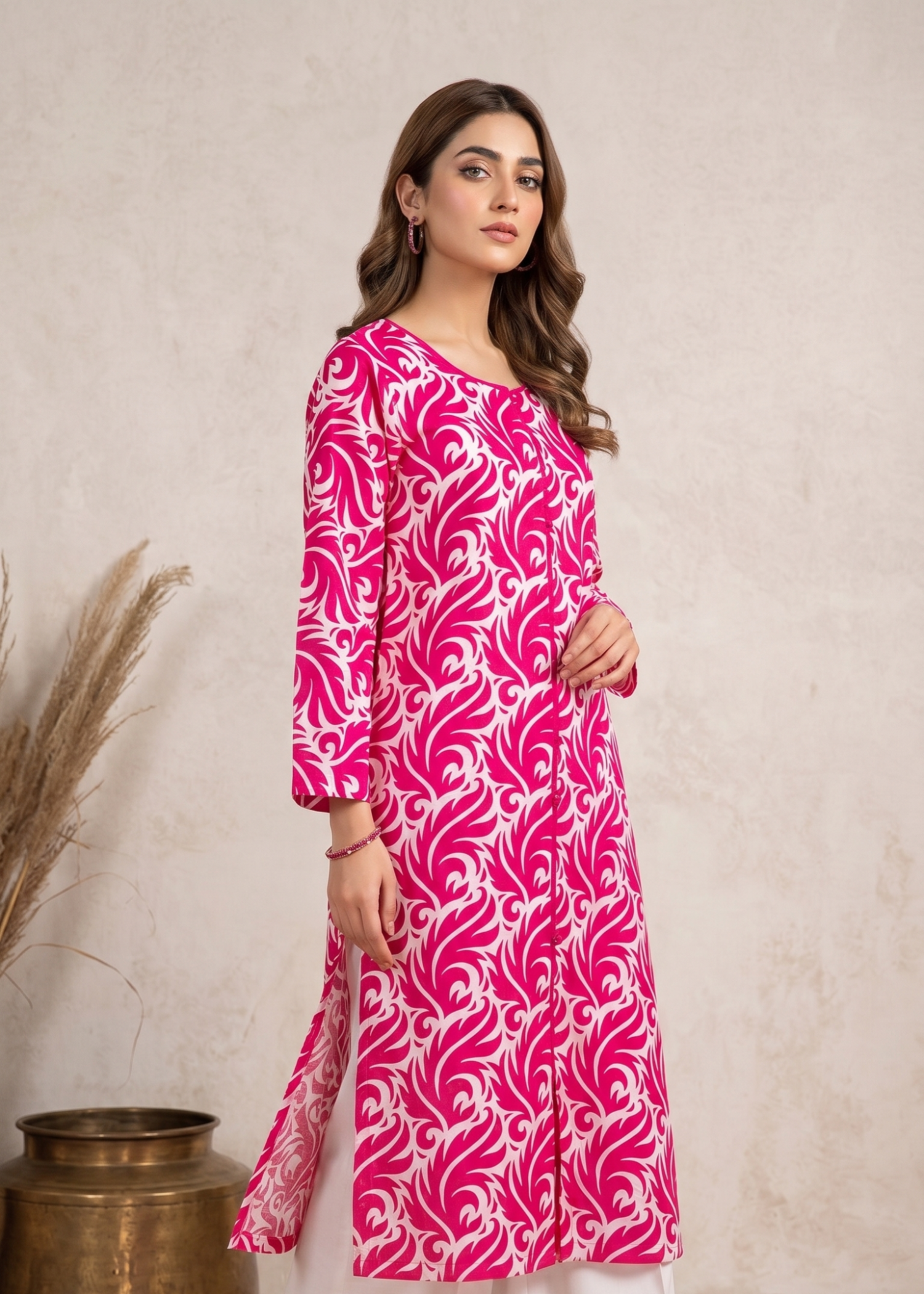lawn Kurta Set in Shocking pink, white