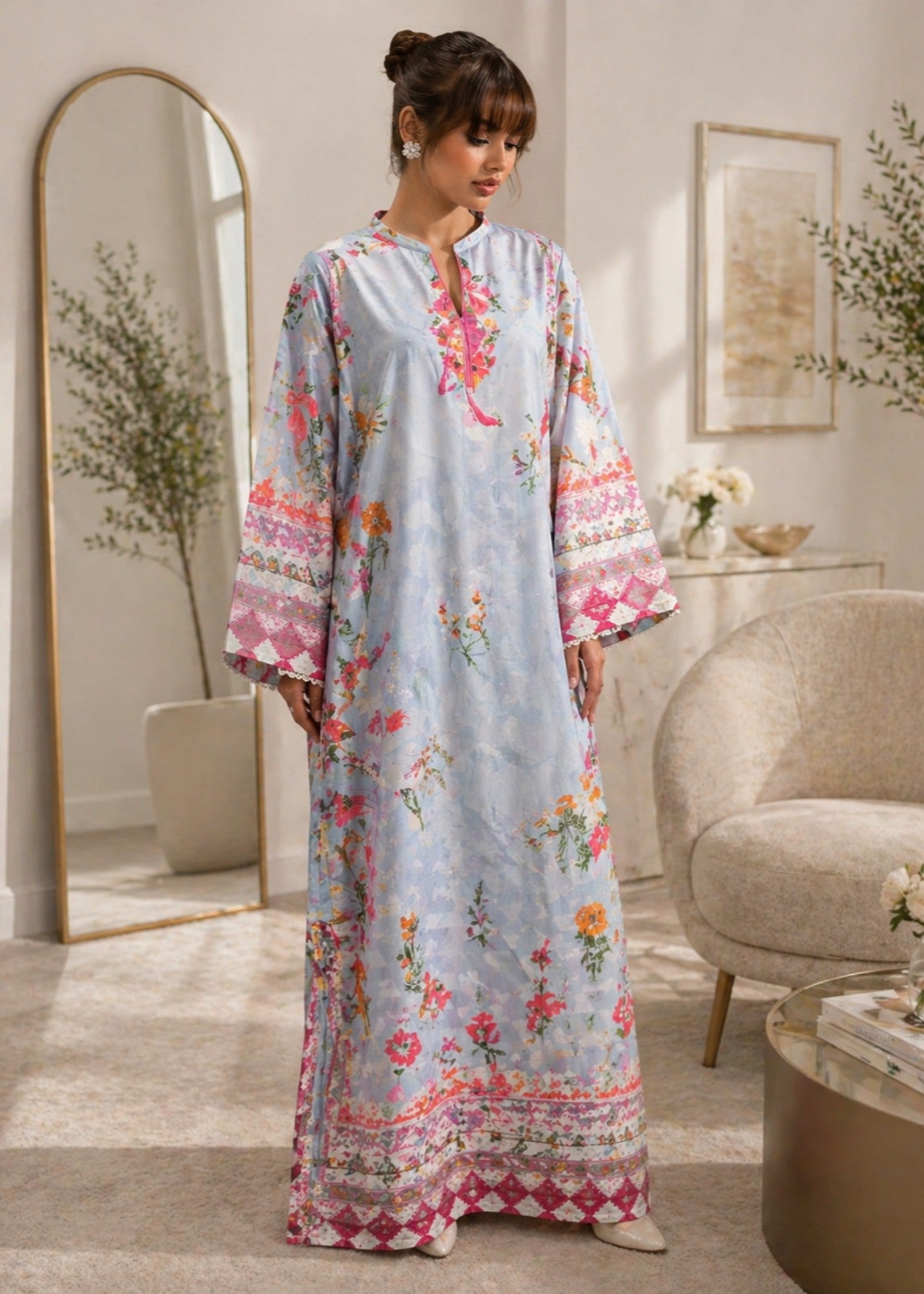 poly lawn Kaftan in Sky blue
