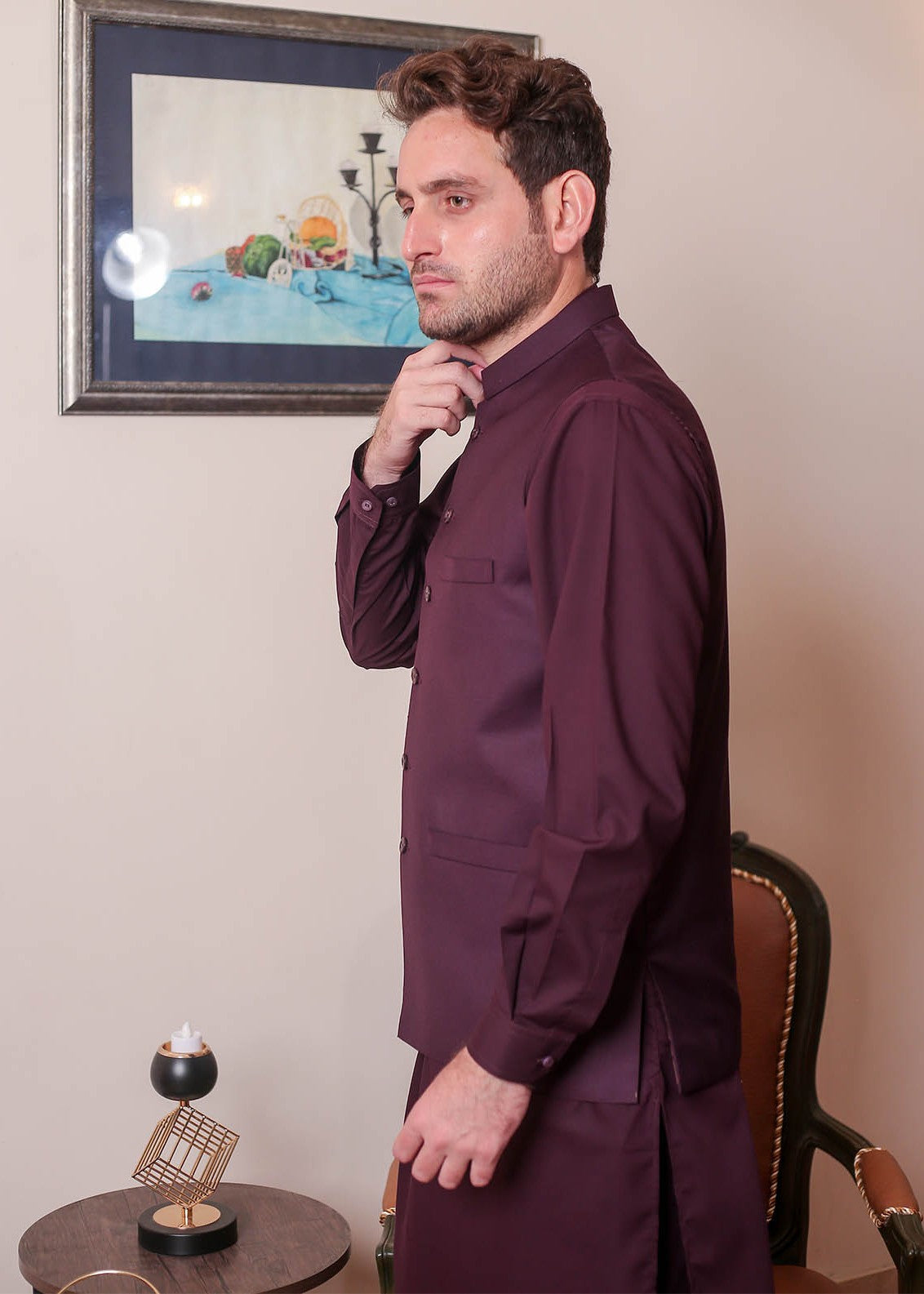 banarsi silk Waistcoat in Burgundy