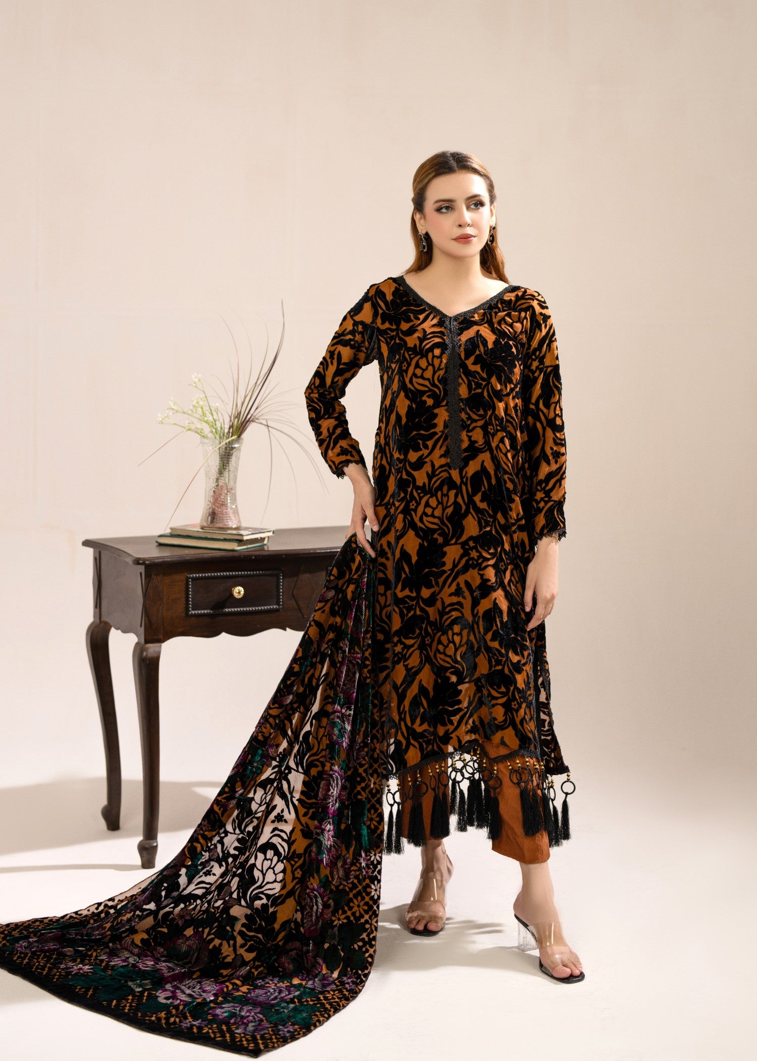 velvet Kurta Set in Burnt orange