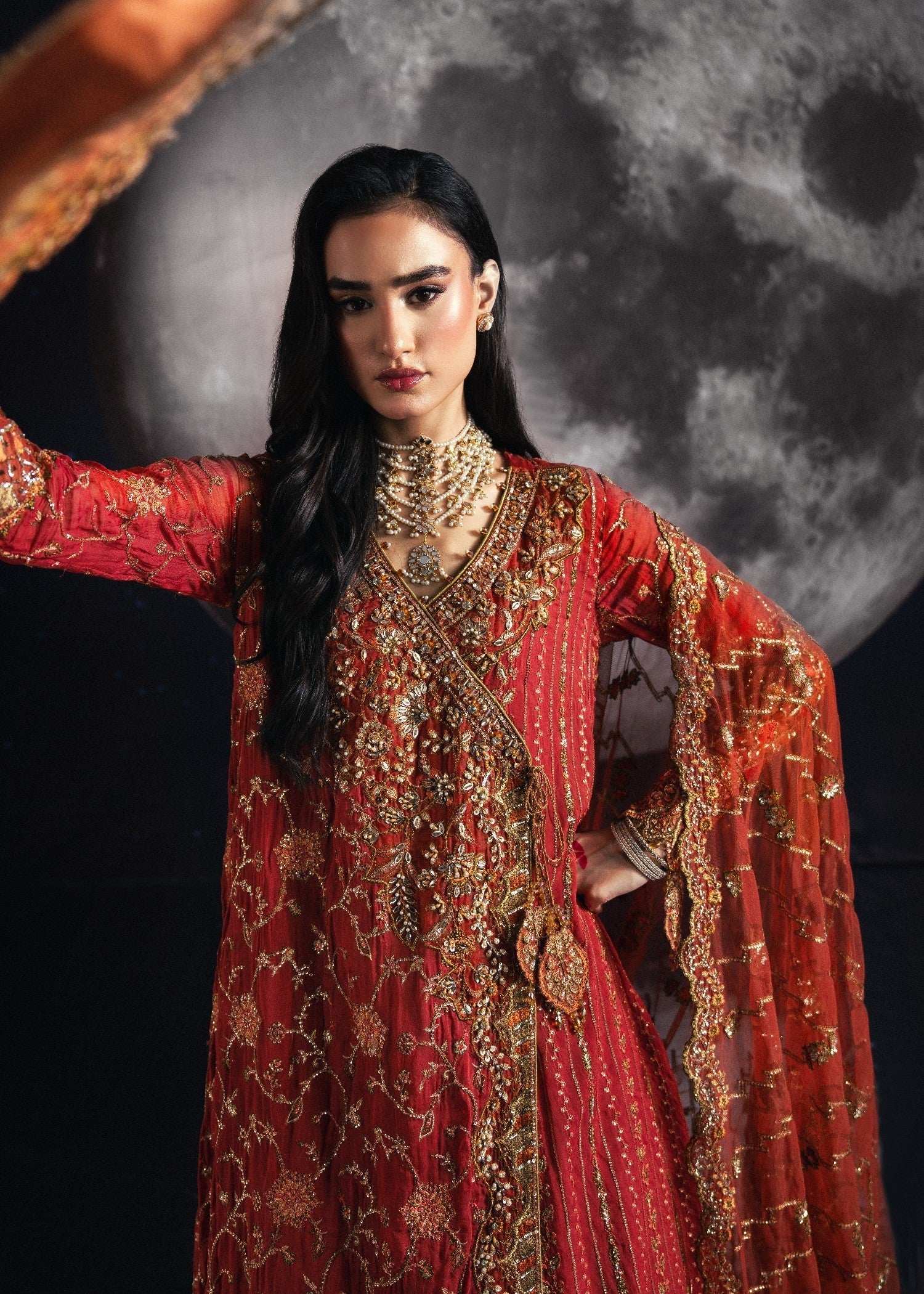 chiffon Angrakha in Burnt orange