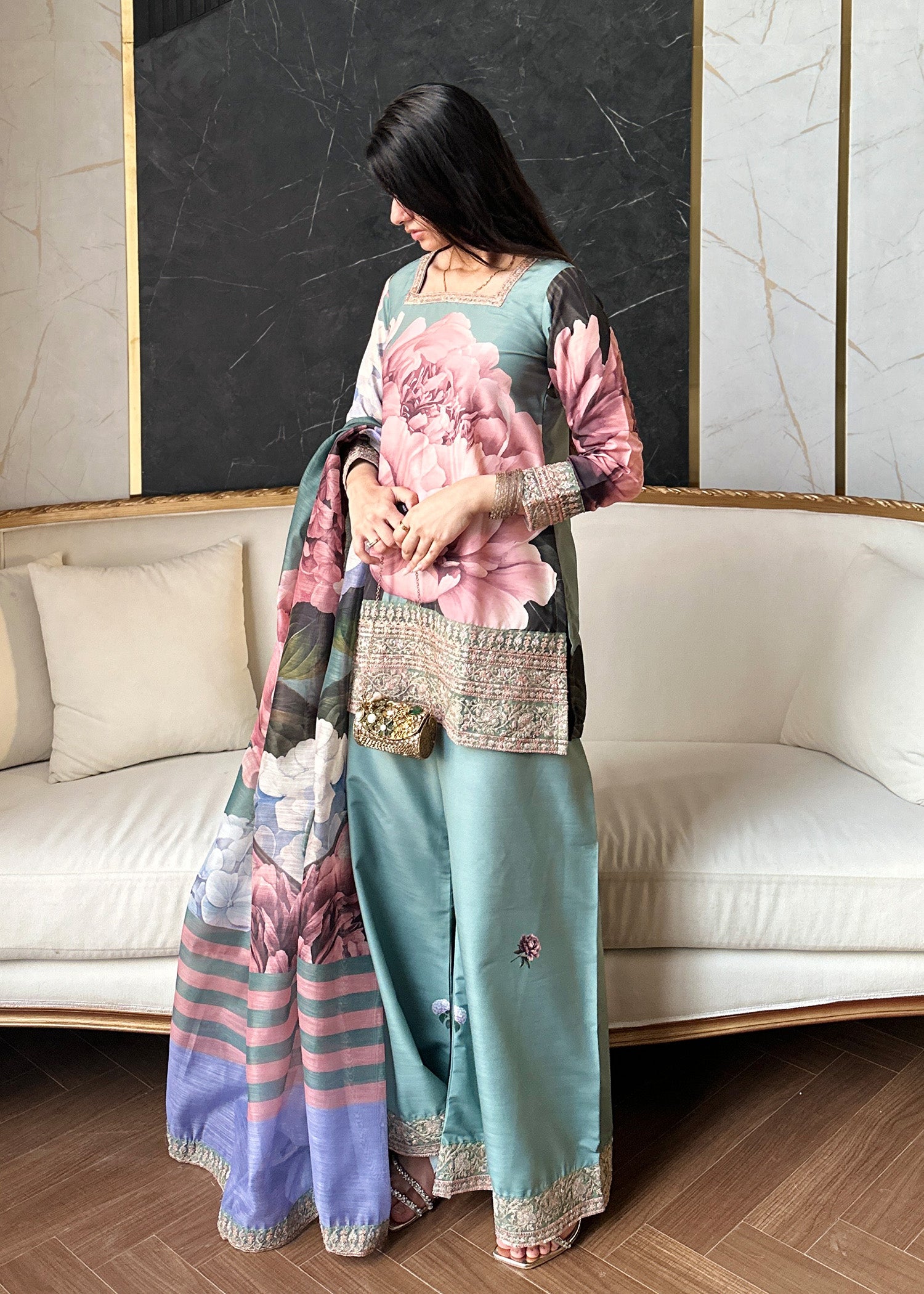 raw silk Kurta Set in Sage green