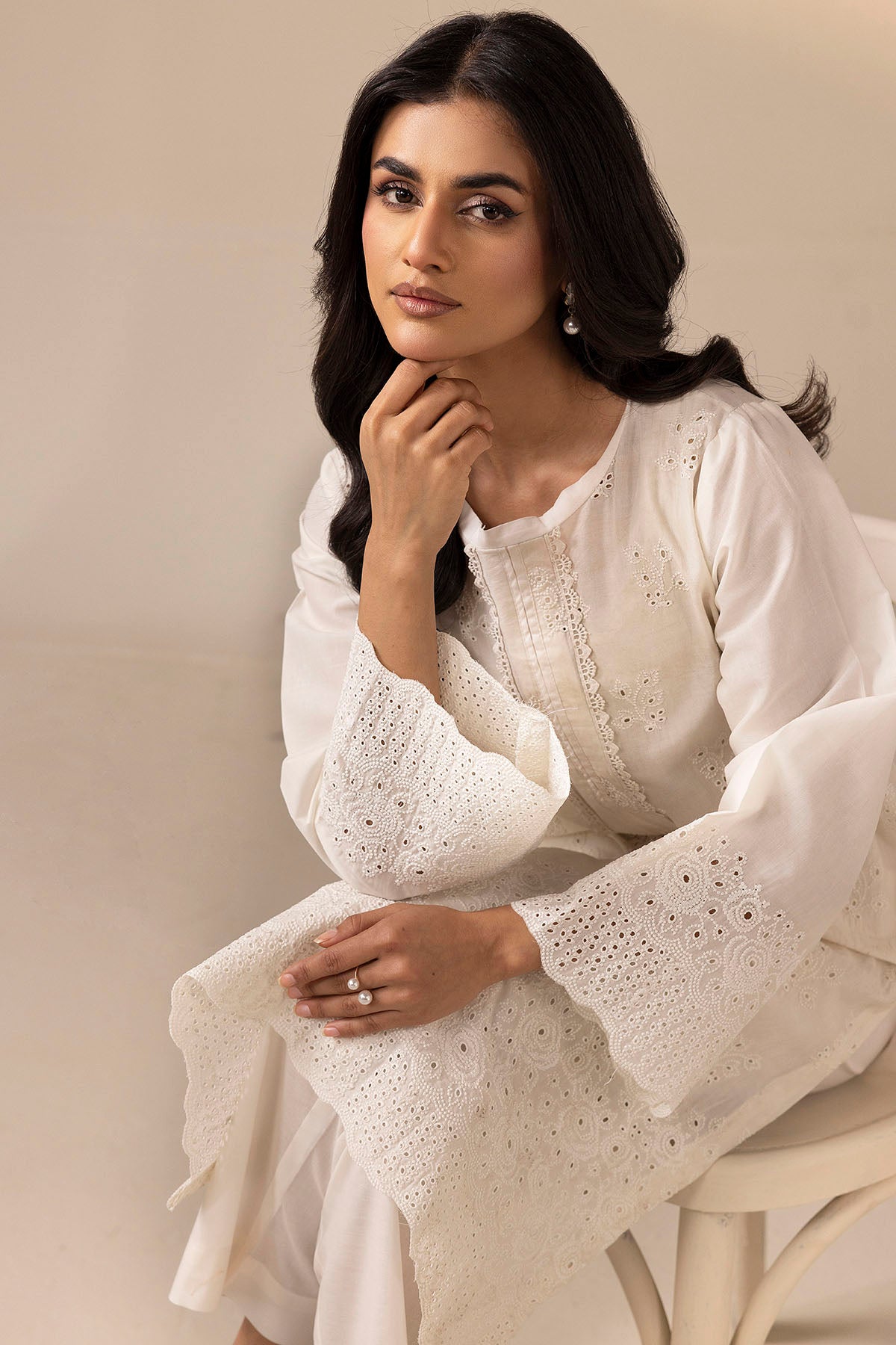 schiffli Kurta Set in White