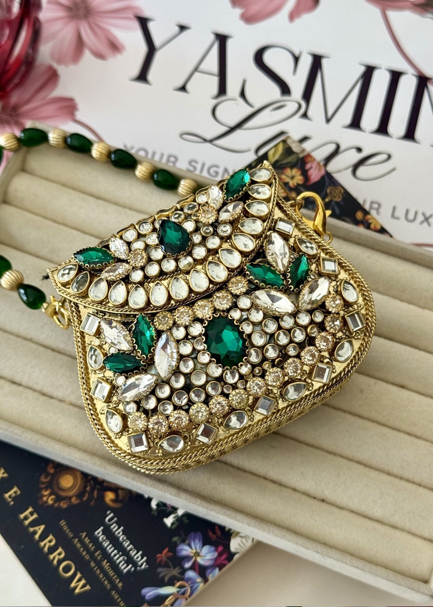 Clutch in Emerald green, gold Color by - Trendy Women Clutch JWJ0823