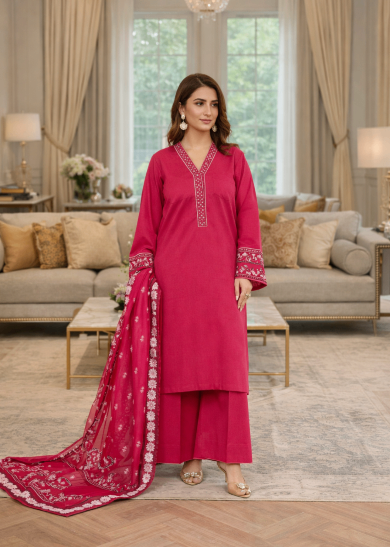 lawn karandi Kurta Set in Hot pink