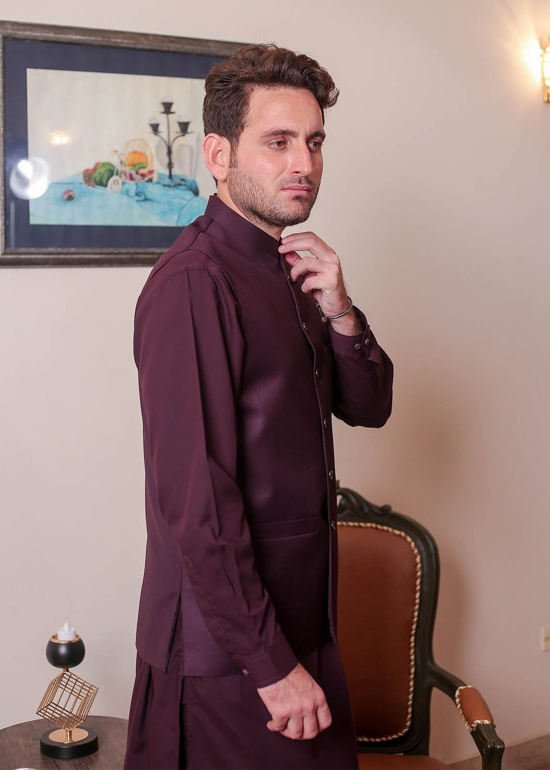 banarsi silk Waistcoat in Burgundy