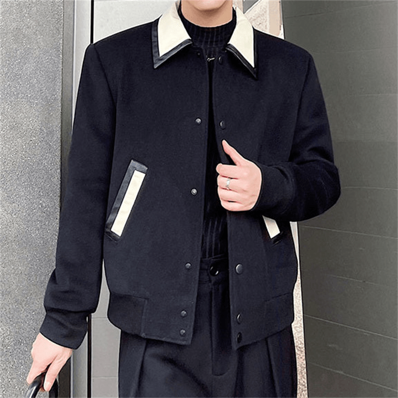 Men'S Wool Contrast Leather Lapel Jacket