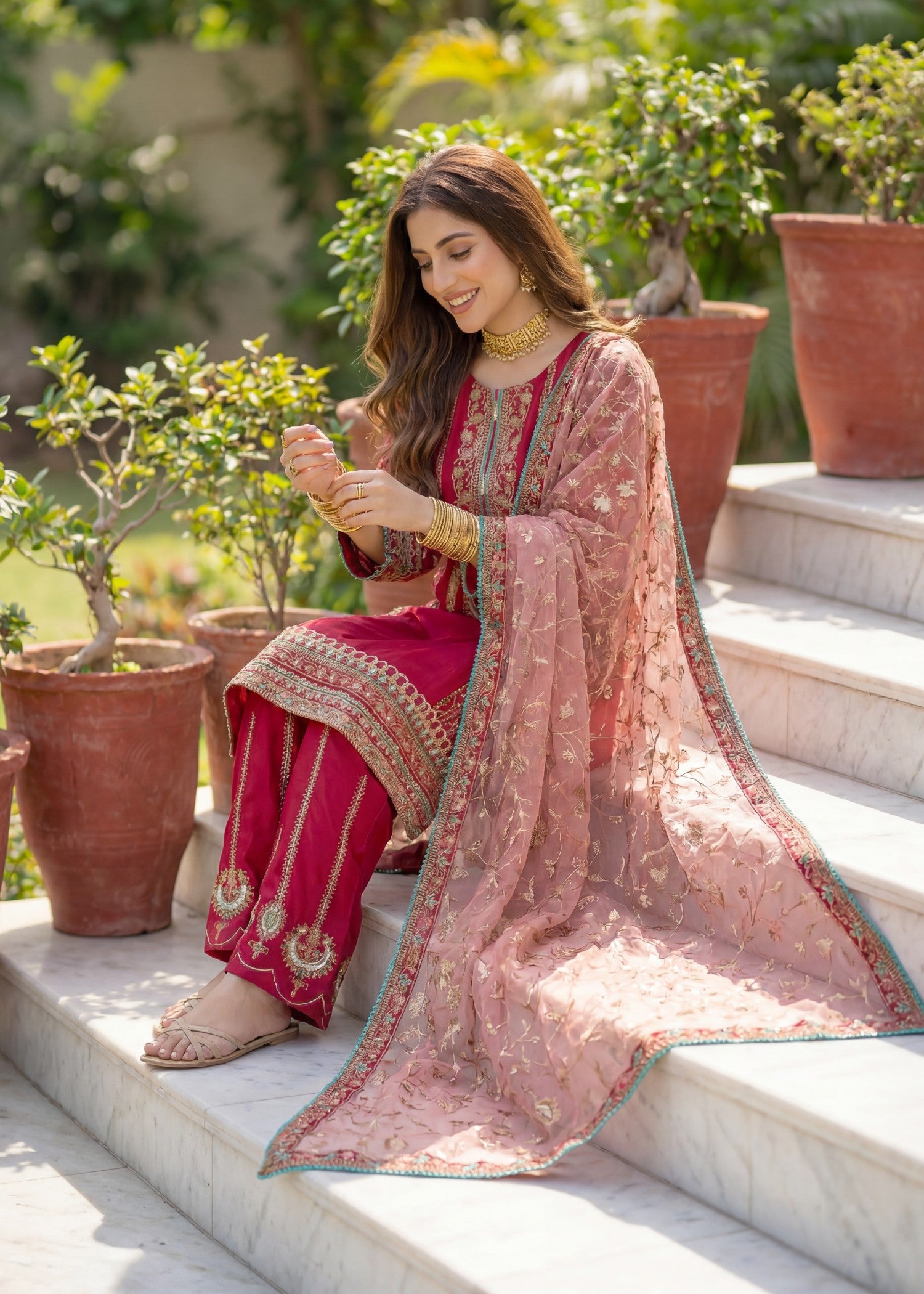 kattan silk Kurta Set in Hot pink red