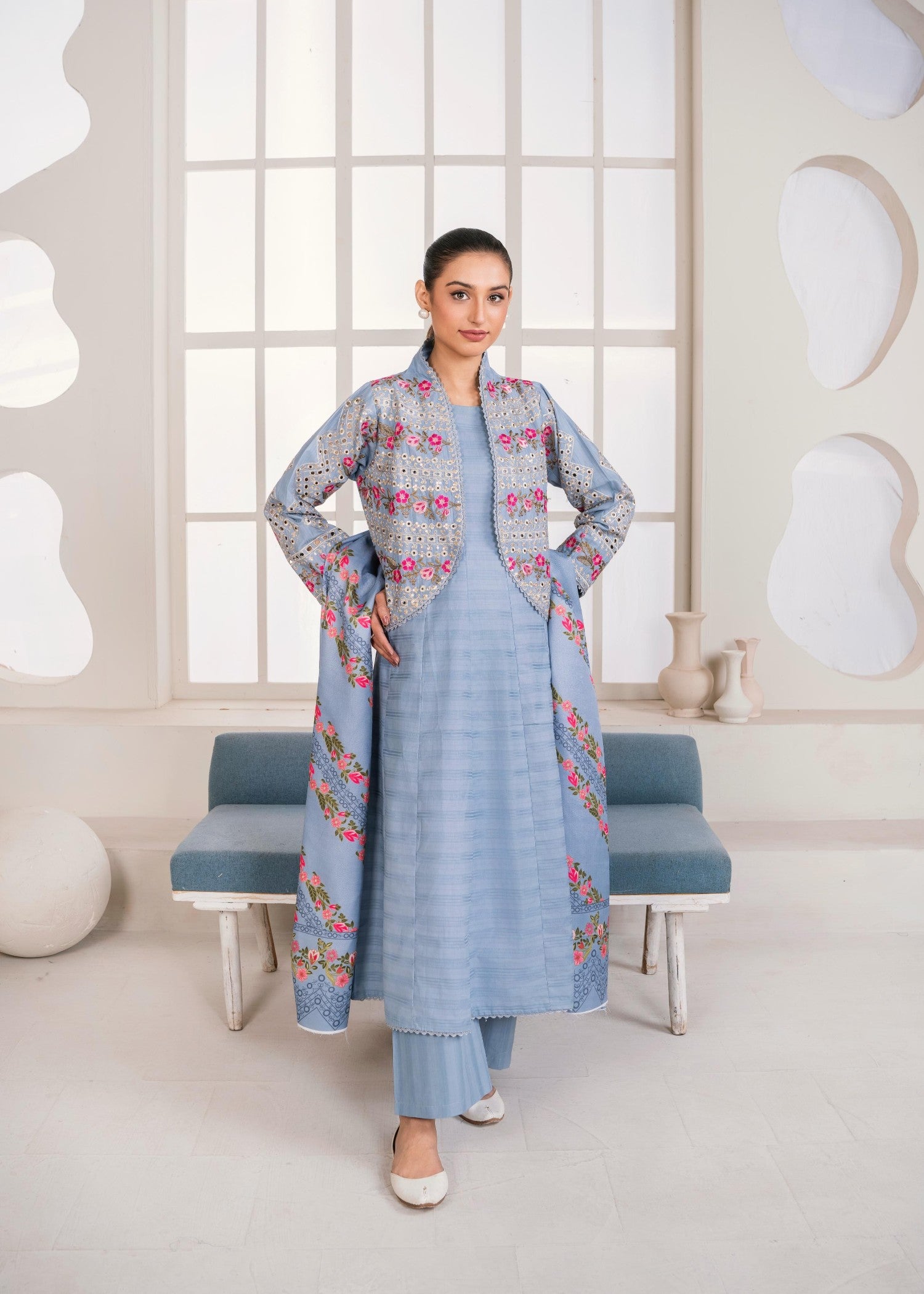 cotton Pishwas in Duck egg grey