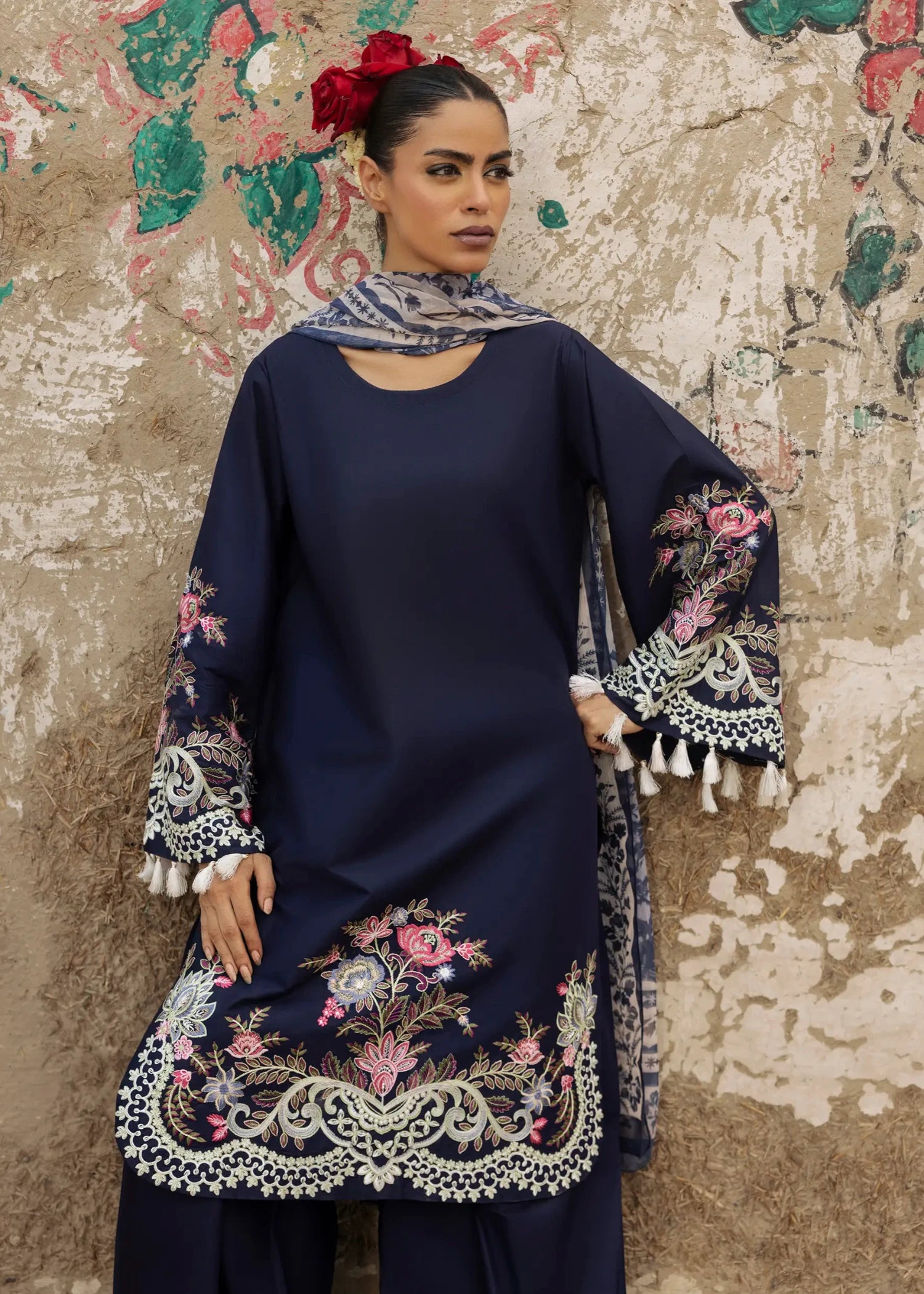 lawn cotton Kurta Set in Midnight blue