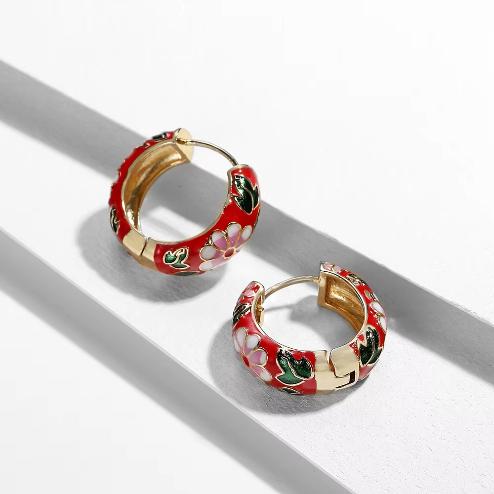 New Fashion Enamel Flower Huggie Hoop Earrings for Women Vintage Boho Circle Small Earrings Statement Jewelry Brincos - view 6