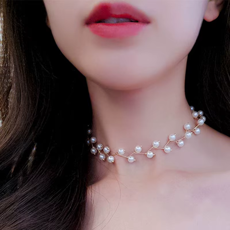 New Korean Pearl Necklaces for Women Gold Color Link Chain Choker Fashion Neck Accessories Elegant Collar Bijoux Femme - view 6