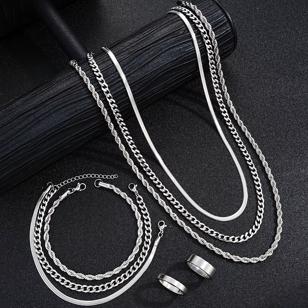 Simple Stainless Steel Silver Color Jewelry Sets for Men Unisex Punk Vintage Smooth Ring Necklace Bracelet Set Gifts - view 2