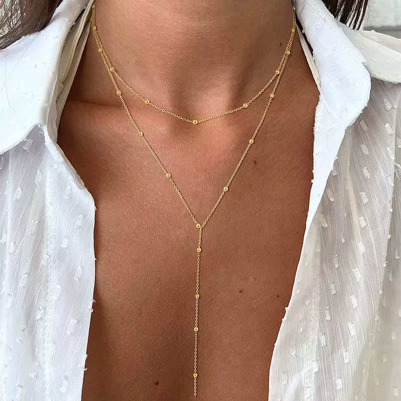 Gold Plated Lariat Necklace for Women, Double Laryered Long Chain Drop Pendant Choker Necklaces Fashion Gifts - view 2