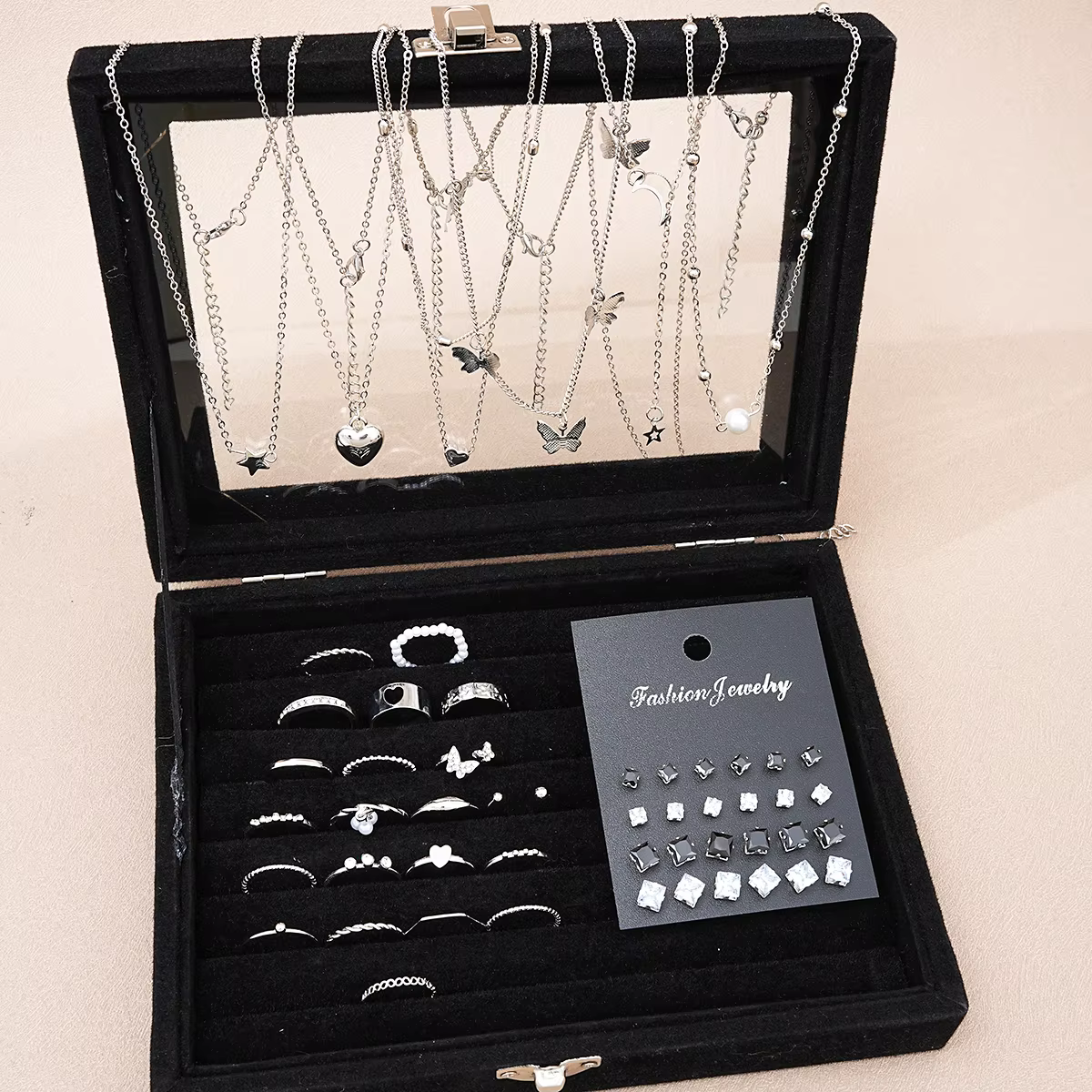 51 Pcs/Set Silver Color Chic Jewelry Set For Women Fashion Butterfly Heart Pearl Necklaces, Earrings, Rings, Match - view 4