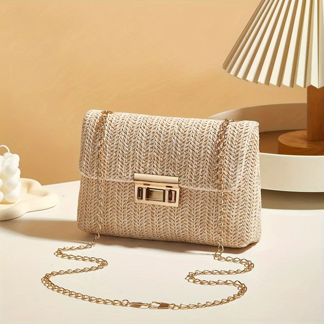 Woven Straw Handwoven Women's Shoulder Bag, Fashion Solid Color Crossbody Purse with Lock Closure - view 2