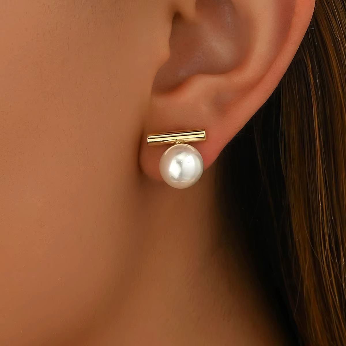 Simple Imitation Pearl Stud Earrings Gold Color Alloy Acrylic Beads Earring For Women Fashion Jewelry Trend Accessories - view 2