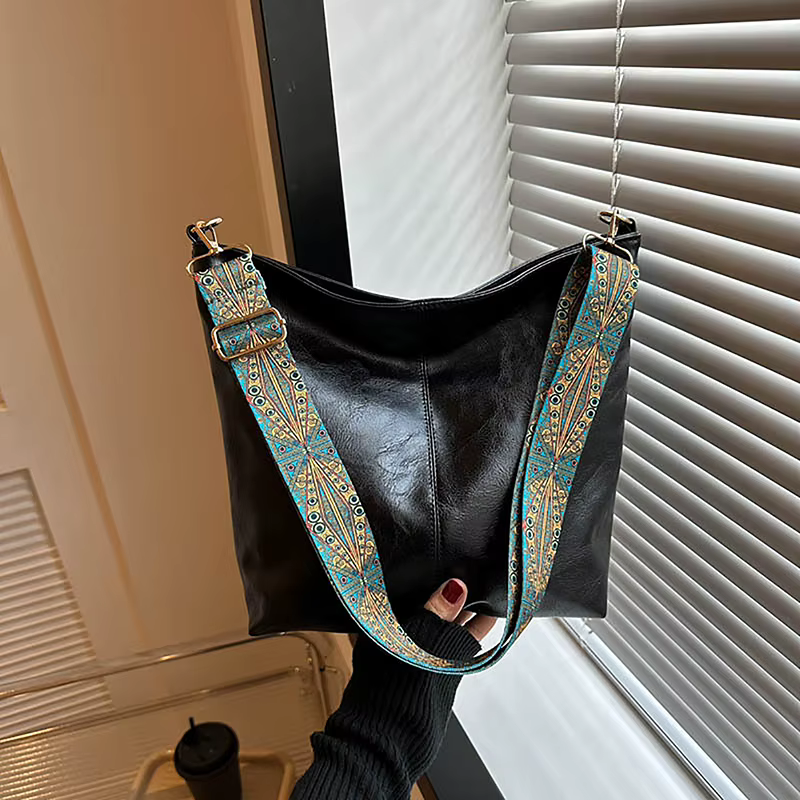 Wide Geometric Strap Shoulder Bag Large Capacity Crossbody Bags For Women,Retro Pu Leather Women's Bag For Shopping - view 5