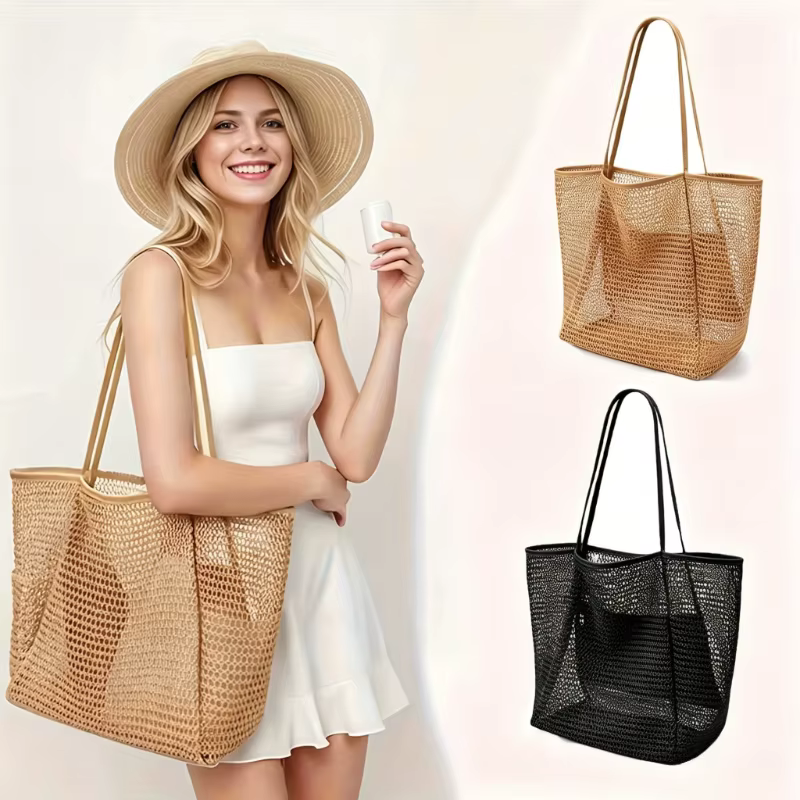 Women's Large Capacity Beach Tote Bag - Durable Polyester Woven Should - woven bag tote at ShoplyHub