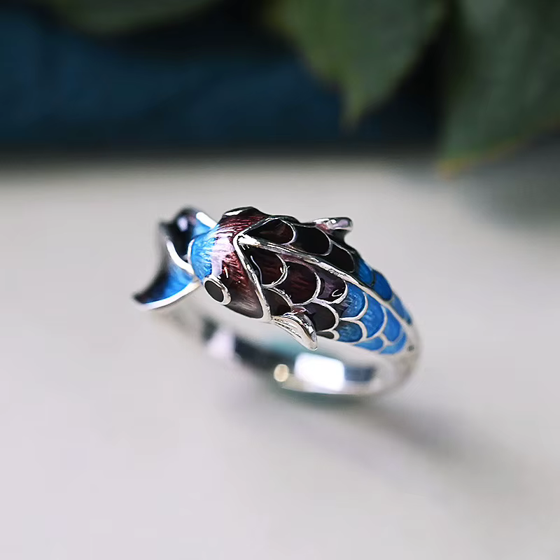 Silver Enamel Color Koi Fish Adjustable Ring Chinese Classical Niche Design Elegant Charm Ladies Brand Jewelry Party - view 2