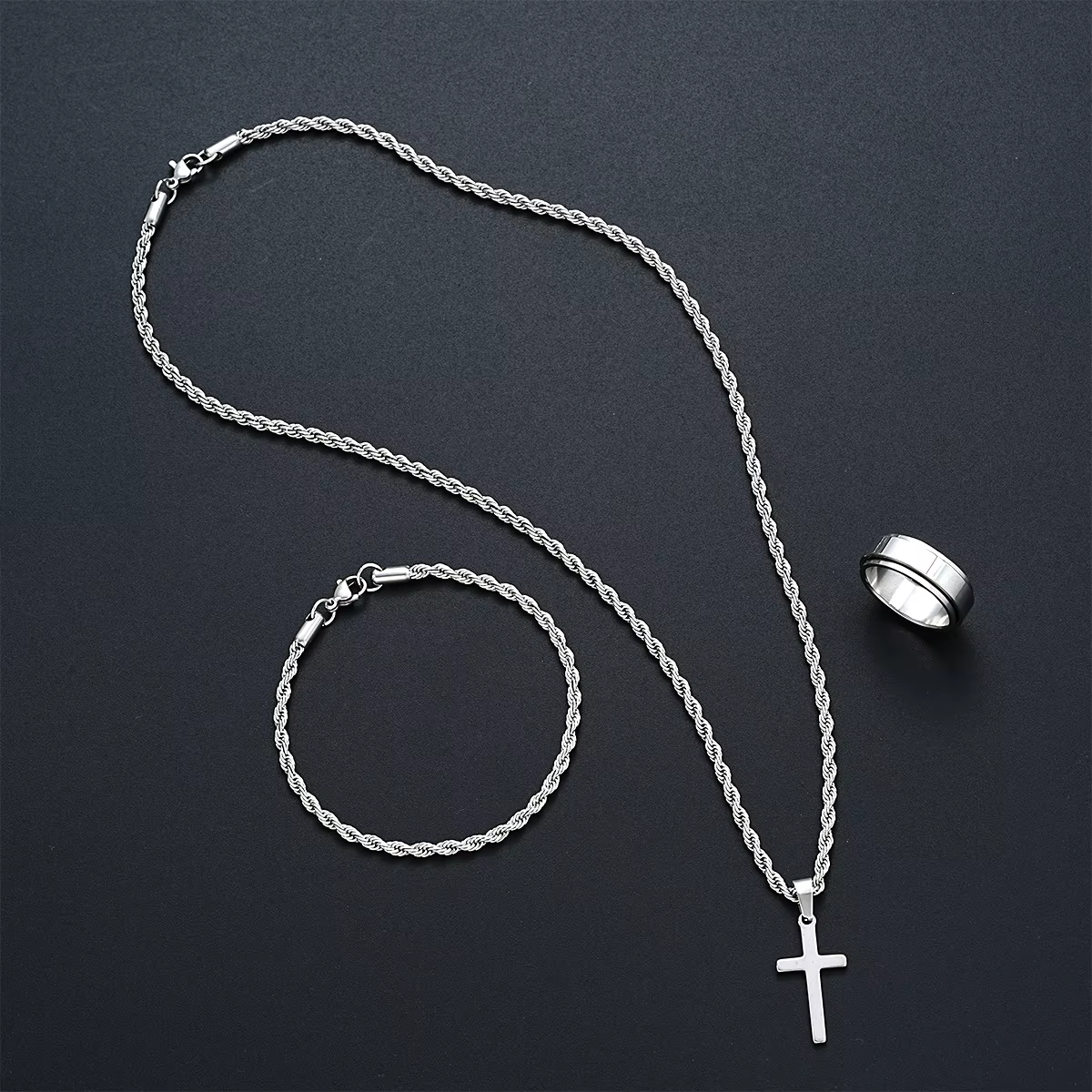 Stainless Steel Simple Jewelry Set For Men Women Fashion Silver Color Cross Pendant Twisted Rope Necklace Bracelets - view 3