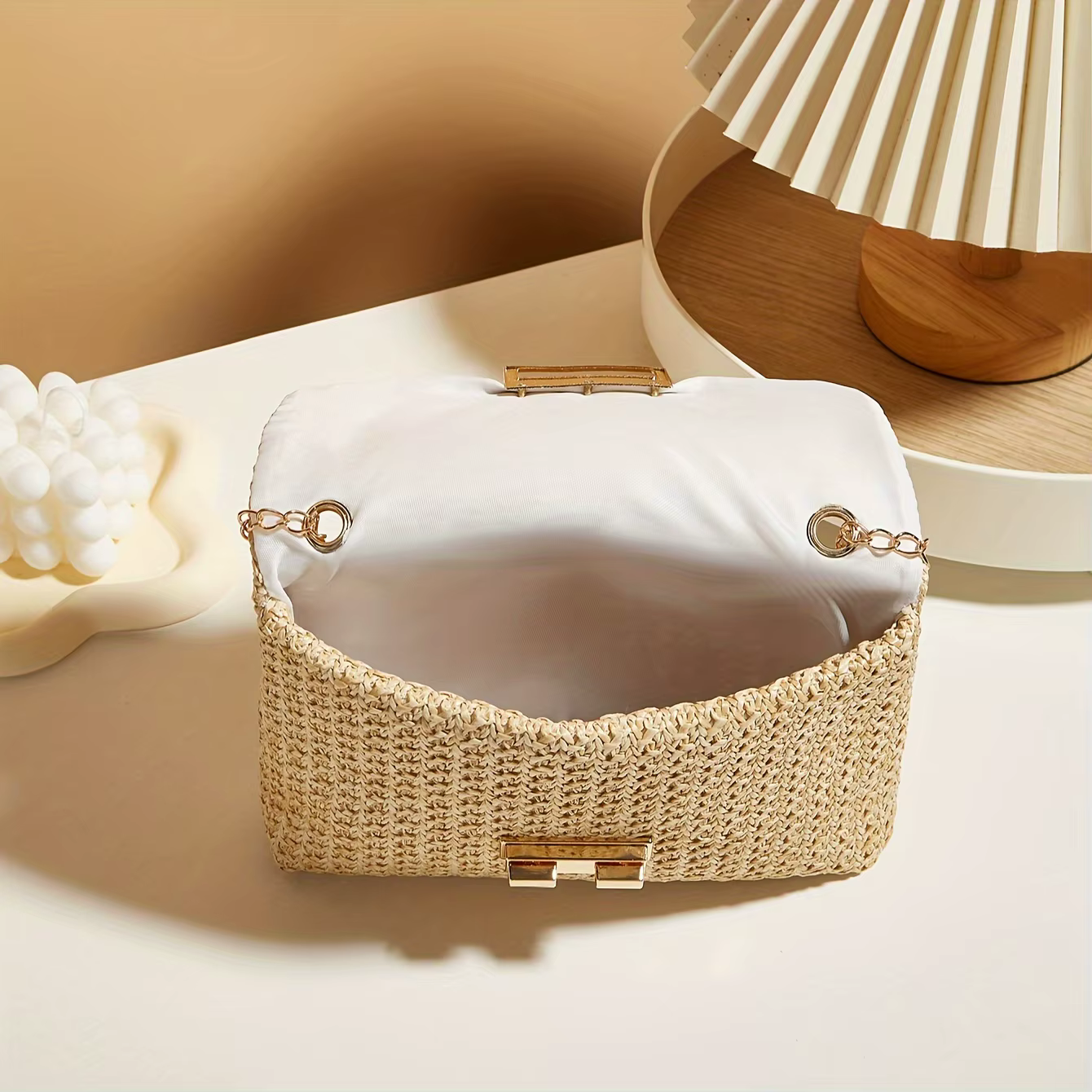 Woven Straw Handwoven Women's Shoulder Bag, Fashion Solid Color Crossbody Purse with Lock Closure - view 5