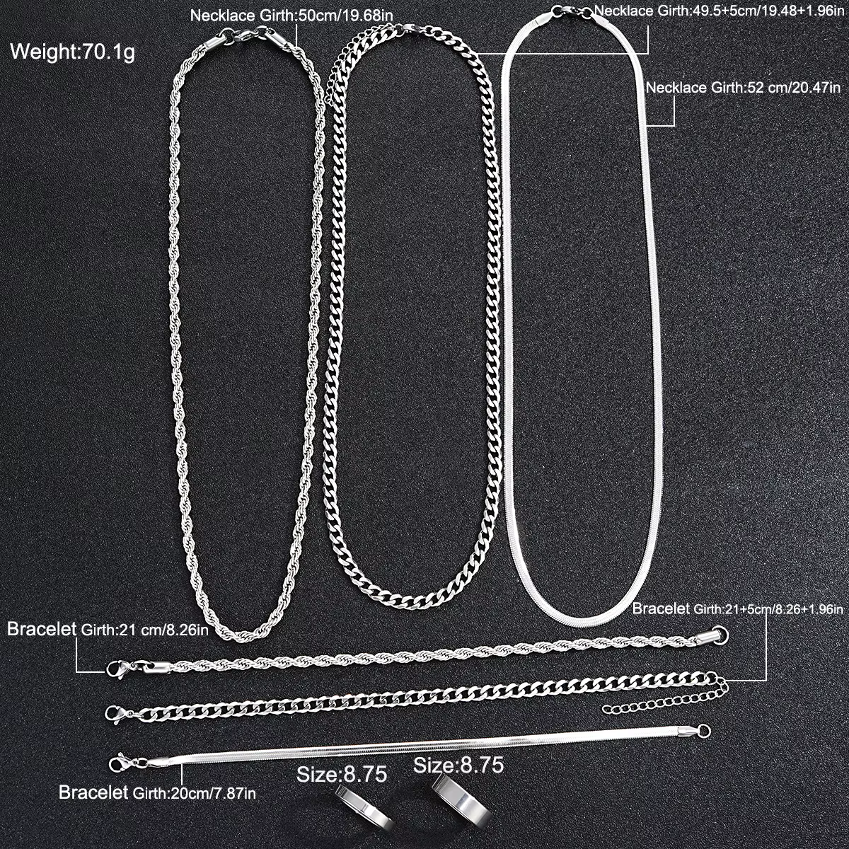 Simple Stainless Steel Silver Color Jewelry Sets for Men Unisex Punk Vintage Smooth Ring Necklace Bracelet Set Gifts - view 6