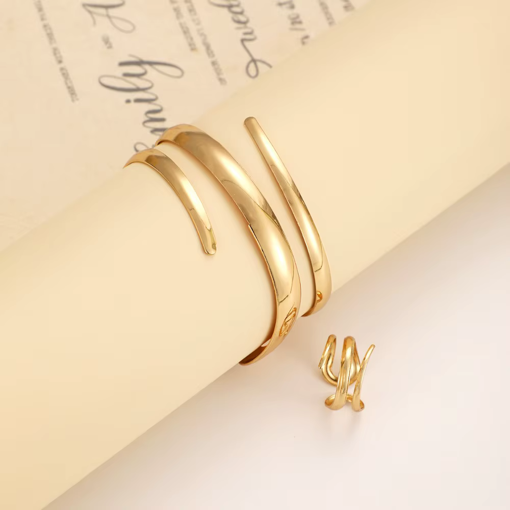 European and American Thick Bracelet and Ring Jewelry Set for Women Gold Color Geometric Line Bracelet Ring Combination - view 4