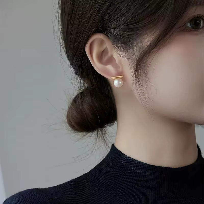 Simple Imitation Pearl Stud Earrings Gold Color Alloy Acrylic Beads Earring For Women Fashion Jewelry Trend Accessories - view 6