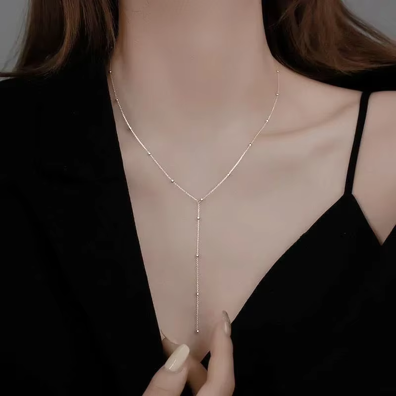 LATS Gold Color Double Layered Long Tassel Chain Necklaces for Women Simple Metal Geometric Bead Choker Necklace - view 5