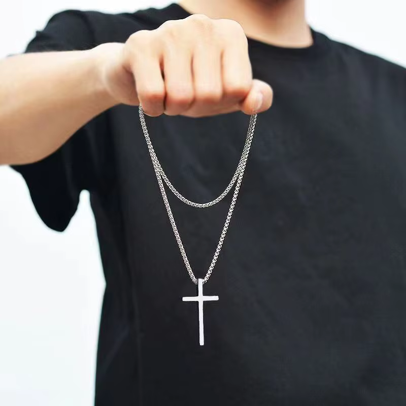 Hip Hop Trend Cross Pendant Necklace for Men Simple Punk Silver Color Titanium Steel Chain Versatile Street Jewelry - view 2