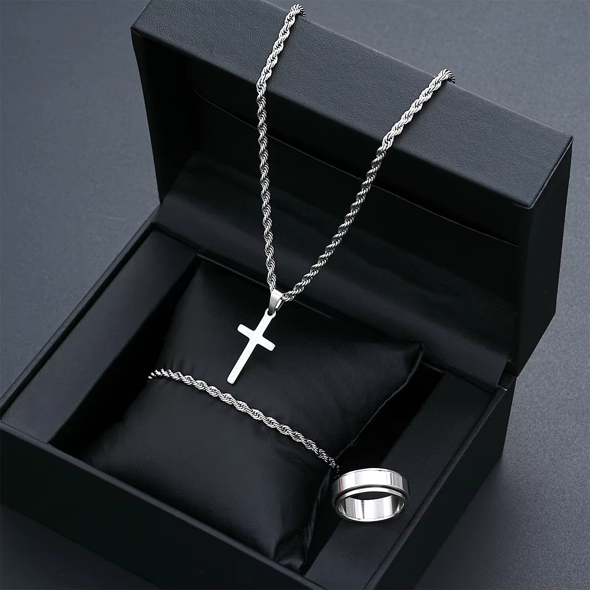 Stainless Steel Simple Jewelry Set For Men Women Fashion Silver Color Cross Pendant Twisted Rope Necklace Bracelets - view 4